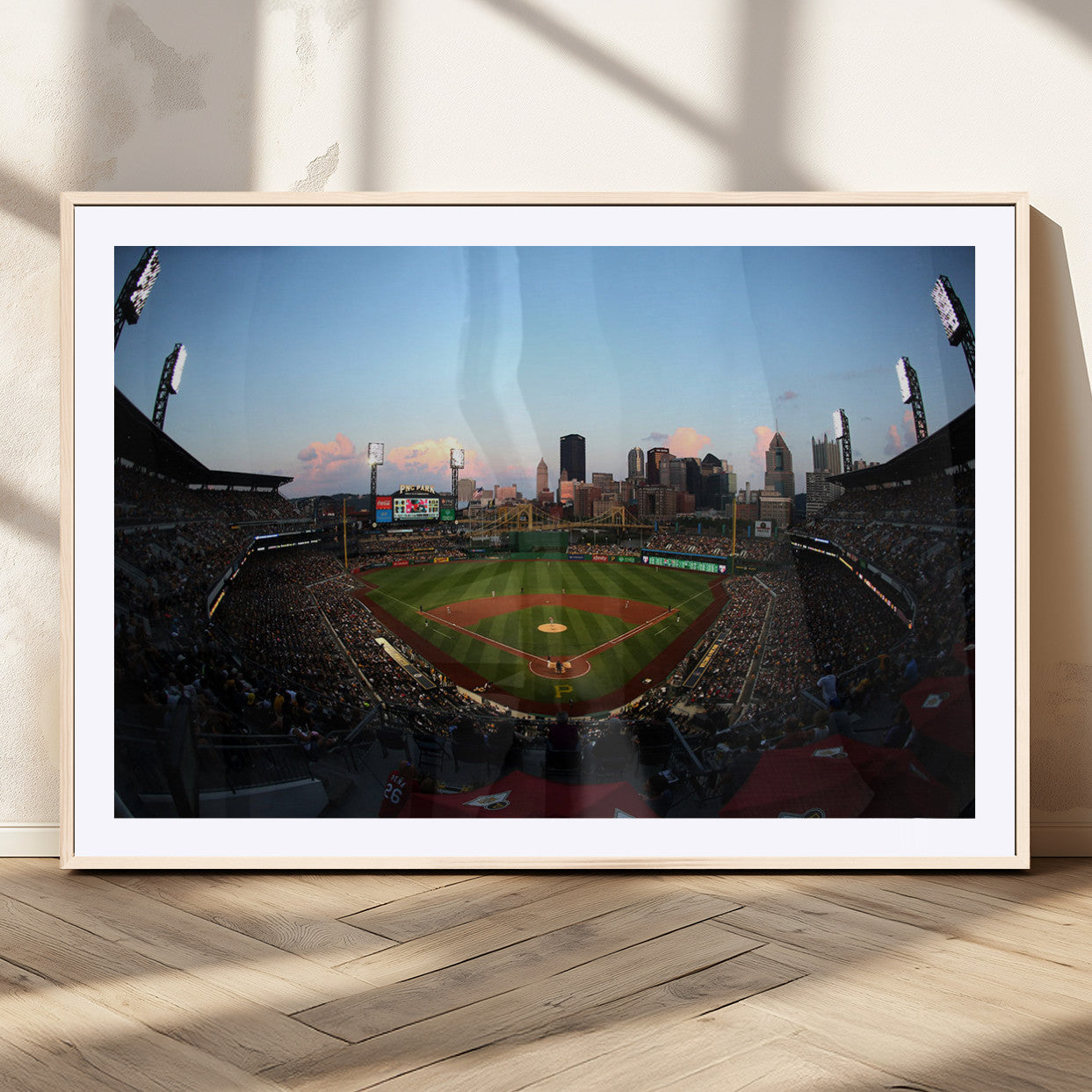 67670-MGC-FP-36x24_Natural-PNC Park Evening Game Triple Canvas Wall Art - Pittsburgh Pirates MLB Match - PNC Park Stadium Wall