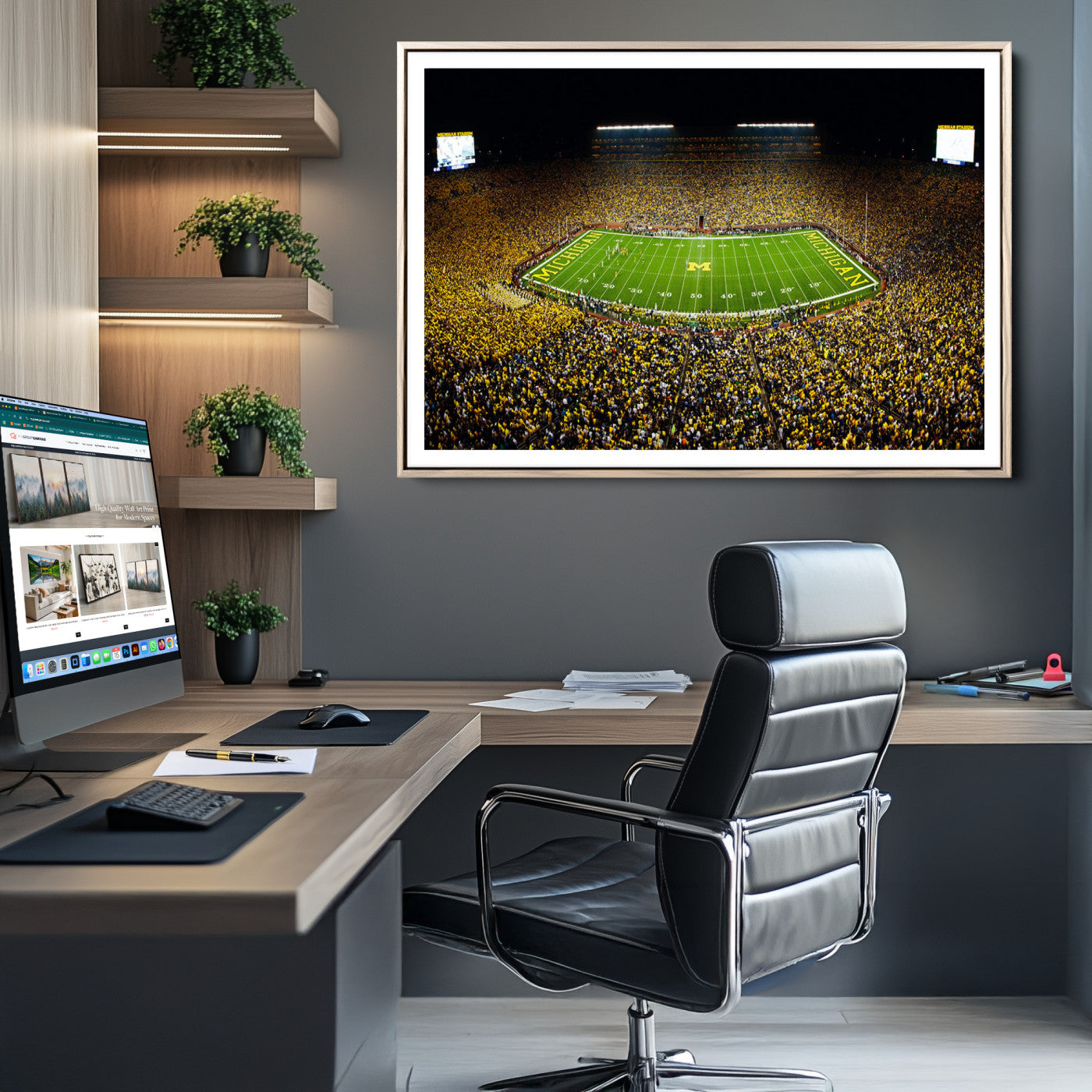26166-MGC-FP-36x24_Natural-Stadium in Michigan Wall Art Canvas Print, Framed American Football Stadium Art Picture Print, Football Stadium Field Perfect Sports Room Decor Artwork