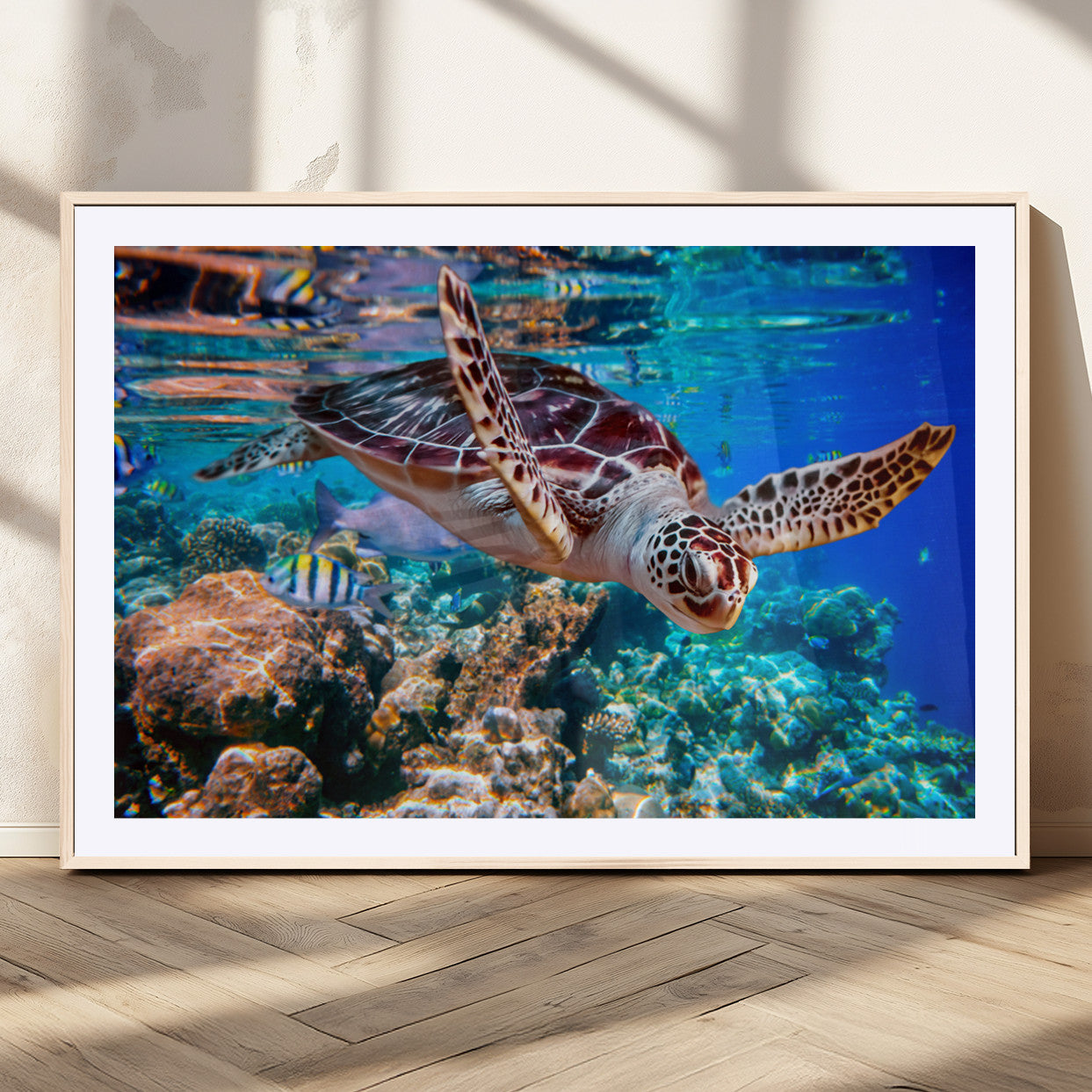 MGC-FP-36x24 - Underwater Coral Reef Sea Turtle Wall Art Canvas Print, Vibrant Marine Life | Colorful Ocean Scene