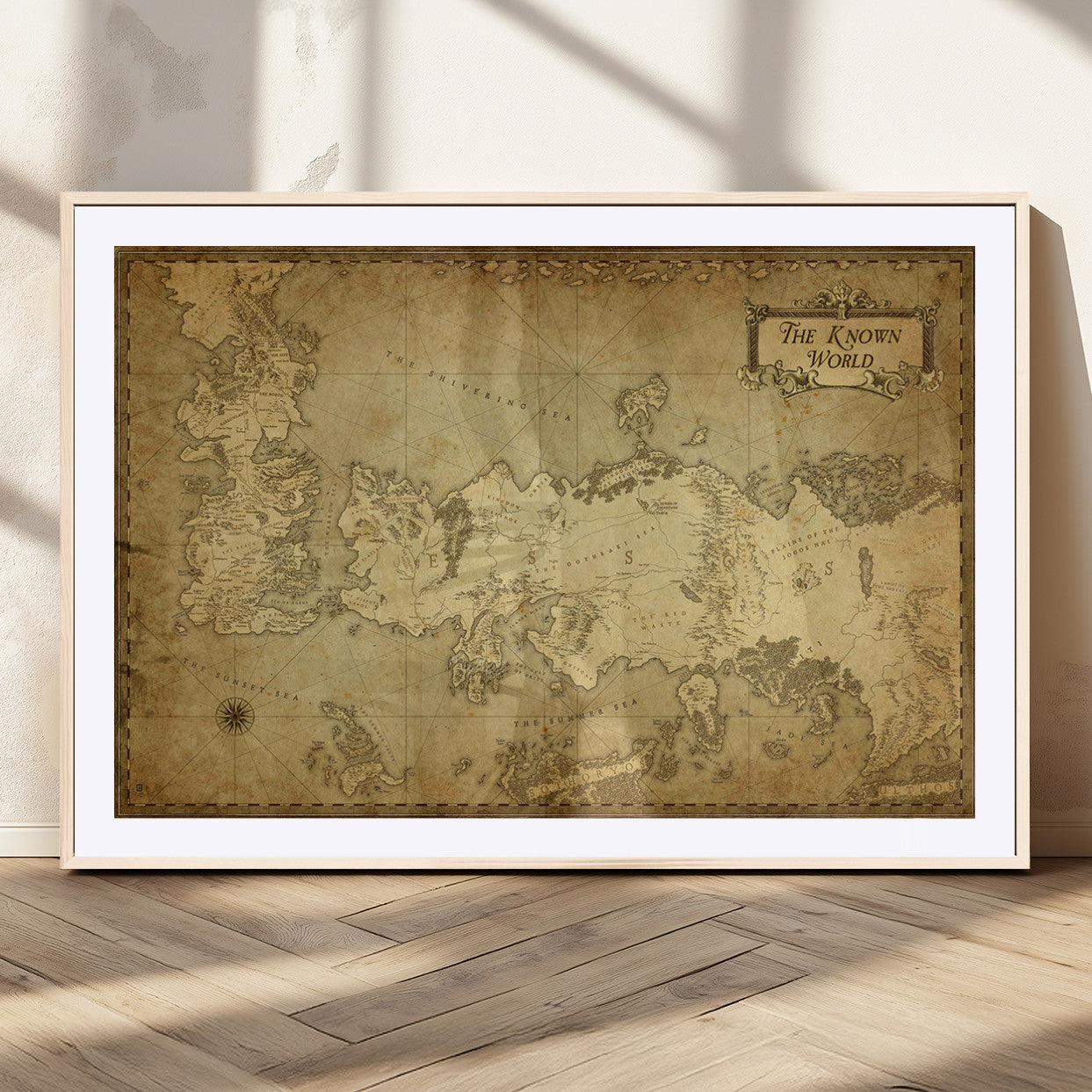 MGC-FP-36x24 - Vintage Game of Thrones Map Wall Art | Westeros and Essos Antique Style Print | The Known World in Triptych Canvas | Giclee Canvas for Fantasy Lovers