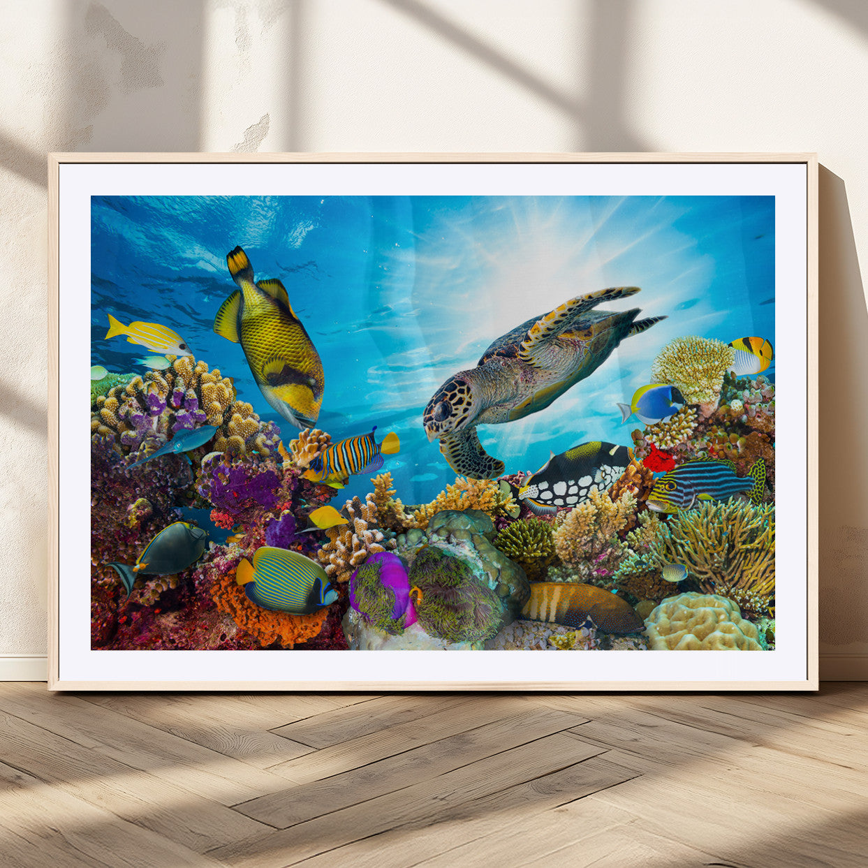 44772-MGC-FP-36x24_Natural-Colorful Coral Reef and Sea Life Turtle Canvas Print, Underwater Tropical Ocean Wall Art for Home