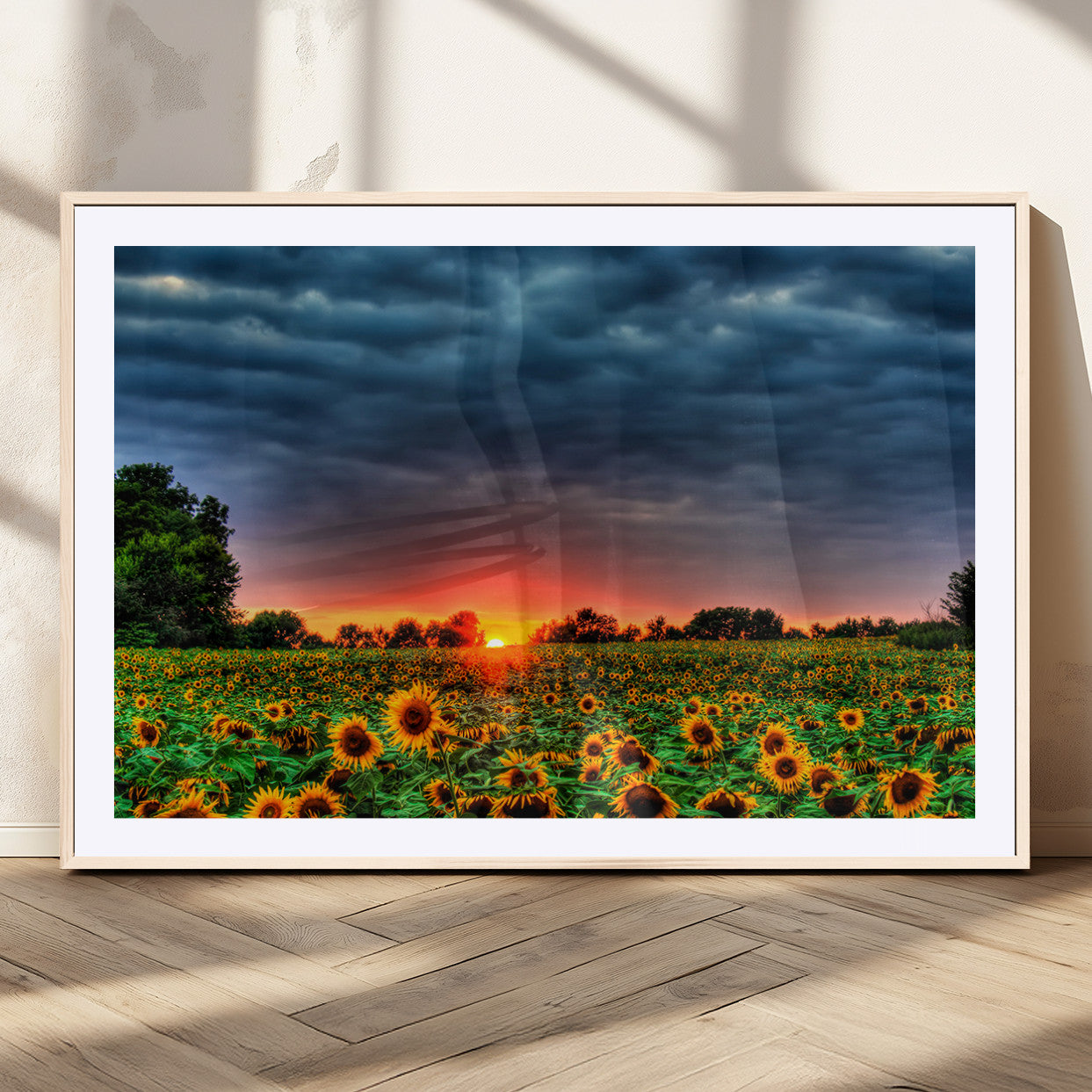MGC-FP-36x24 - Golden Sunflower Field at Sunset – Breathtaking Sky and Vibrant Flowers, Ready to Hang Wall Art