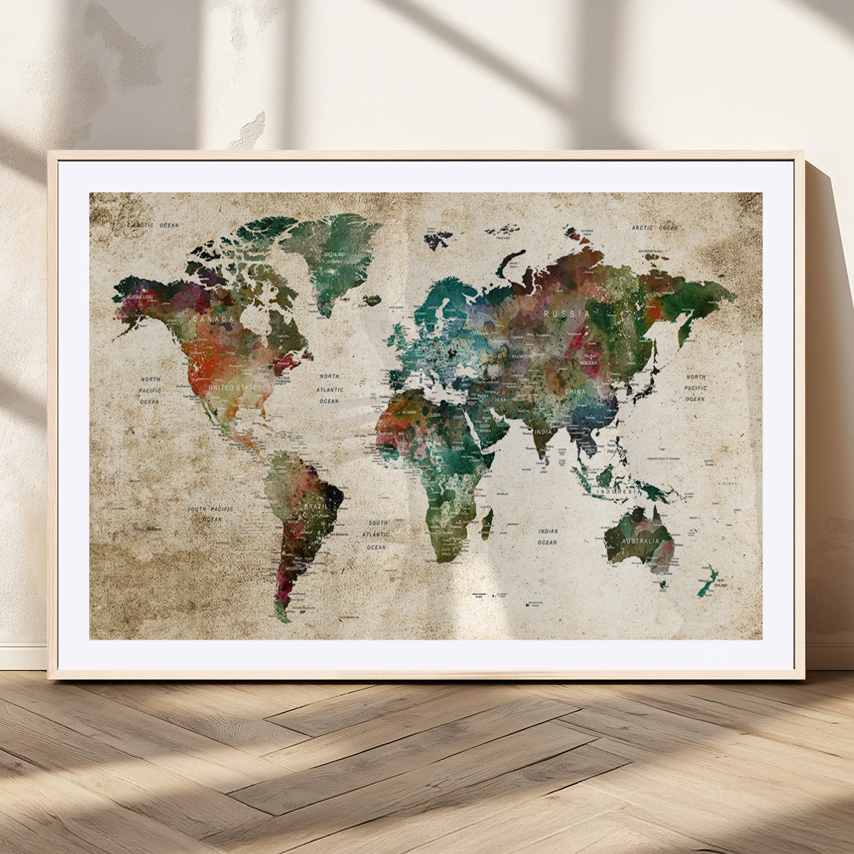 45128-MGC-FP-36x24_Natural-Push Pin World Map Canvas Print – Framed Wall Art for Couples to Track Their Travels – Anniversary Gift or Home Adventure Decor