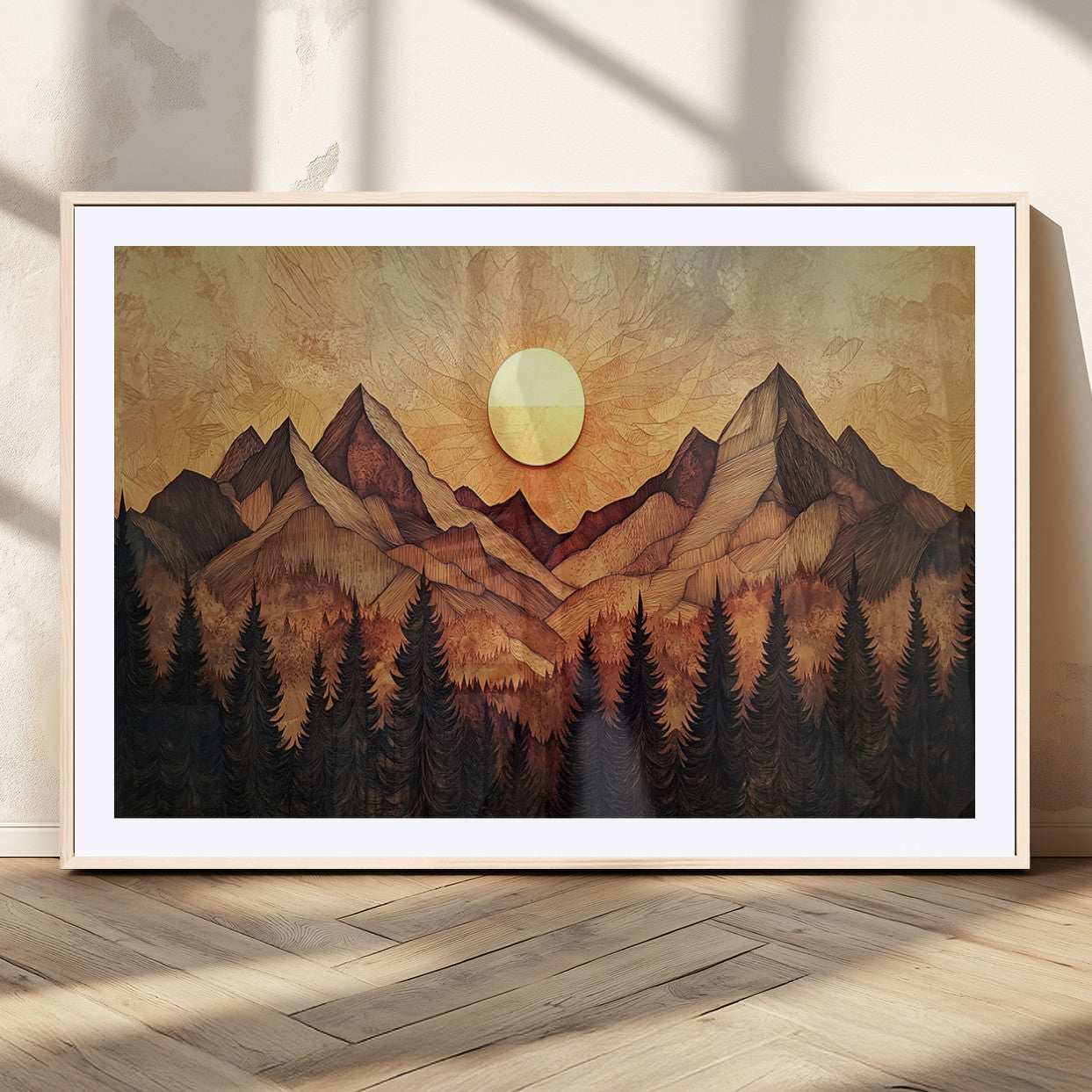 MGC-FP-36x24 - Wood Style Abstract Mountain Sunset Canvas Wall Art Print - Warm Earth Nature-Inspired Decor for