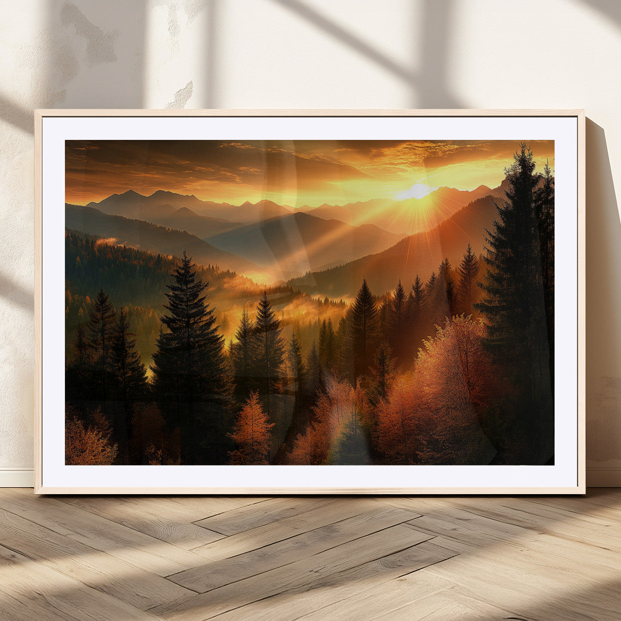 MGC-FP-36x24 - Golden Sunset Over Mountain Forest Canvas Wall Art Print - Warm Nature Landscape Print