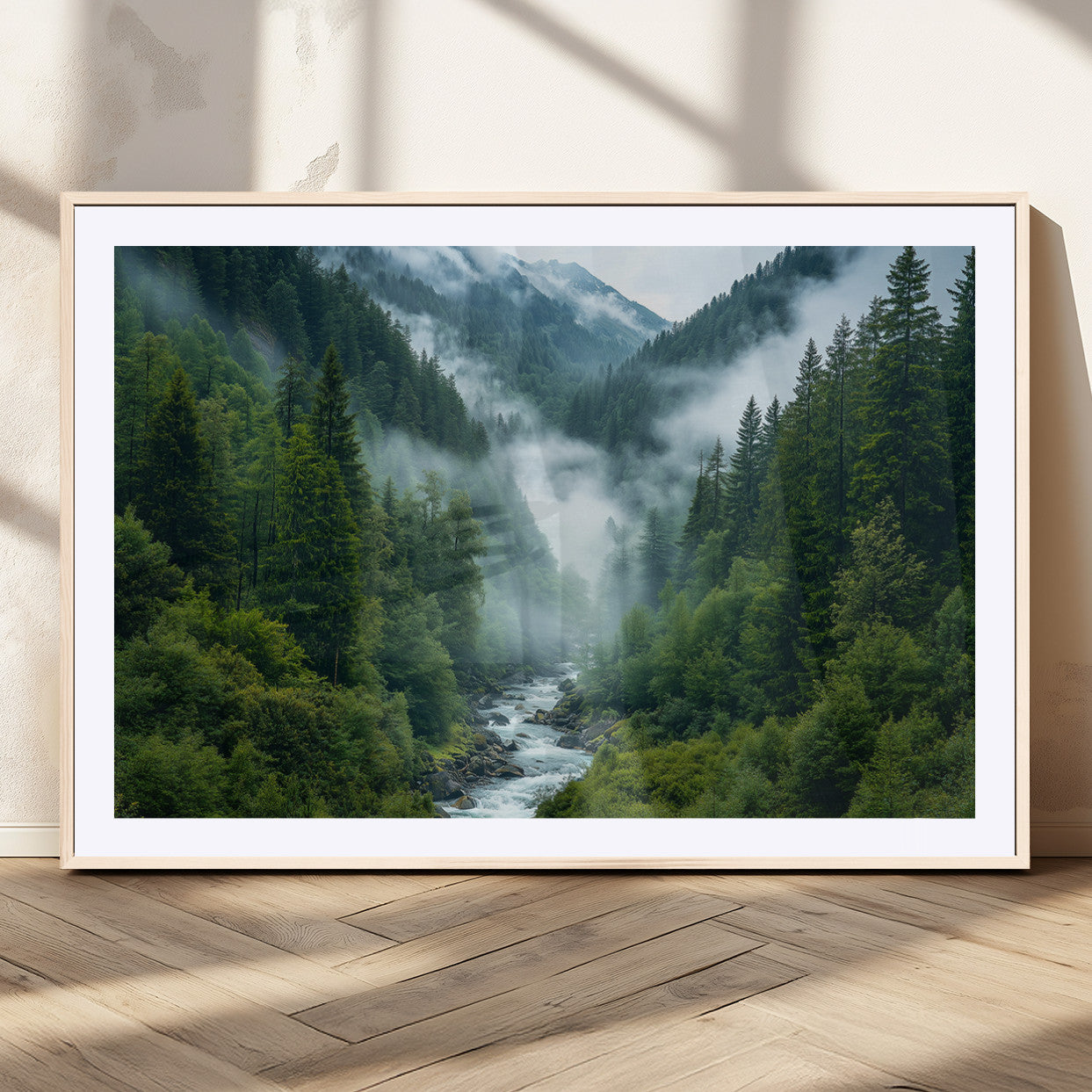 MGC-FP-36x24 - Mountain Forest River Canvas Wall Art Print - Serene Nature Landscape for Living Room, Office, or