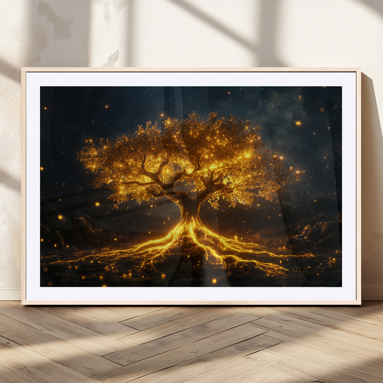 MGC-FP-36x24 - Golden Tree of Life Canvas Wall Art Print - Majestic Glowing Tree Design for Living Room, Office, or
