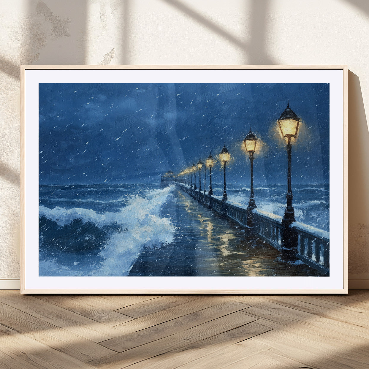 MGC-FP-36x24 - Stormy Ocean Pier Lights Canvas Wall Art Print - Large Moody Night Scene for Living Room, or Office,