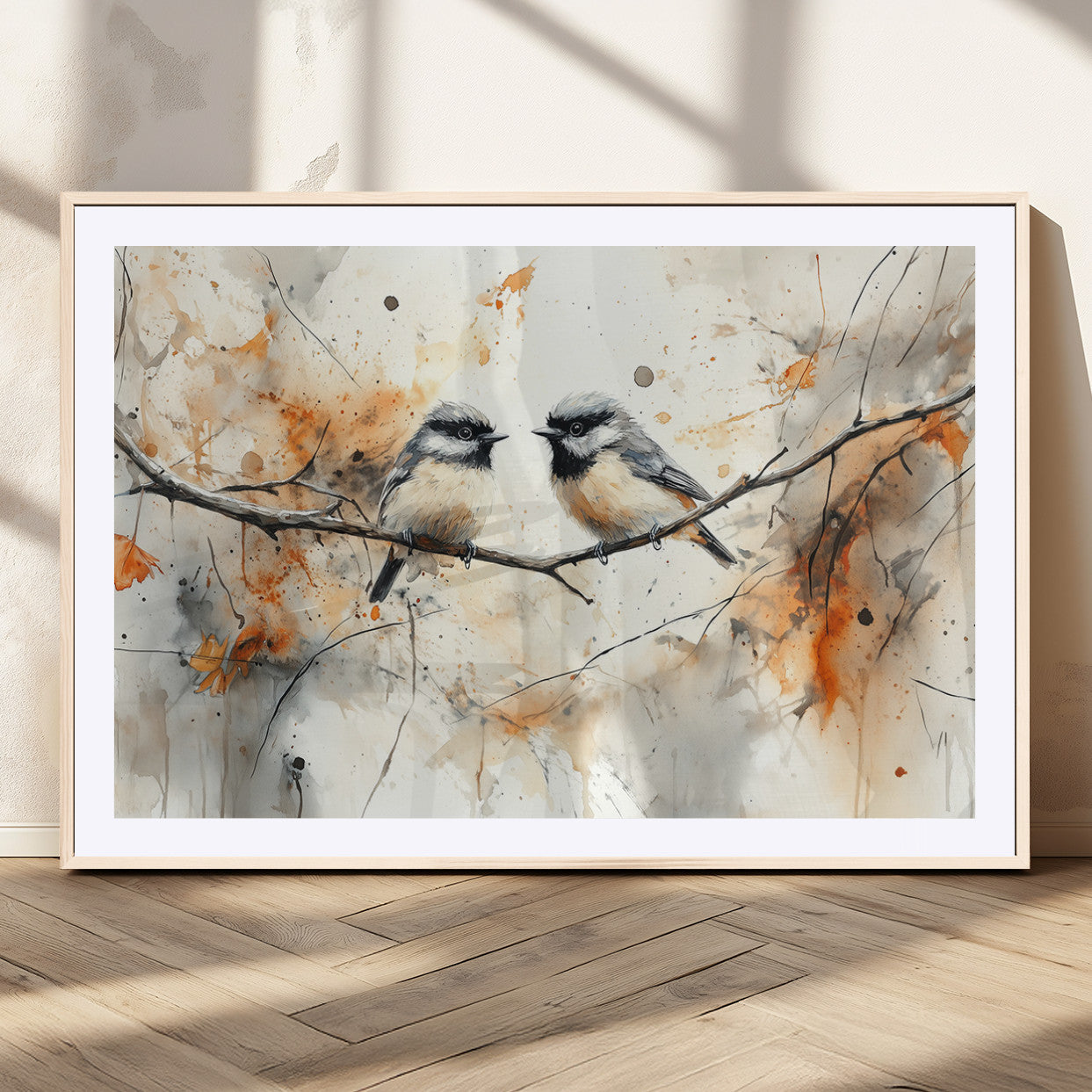 MGC-FP-36x24 - Abstract Watercolor Chickadee Bird Canvas Wall Art Print - Large Bird and Branch Wall Art, Modern