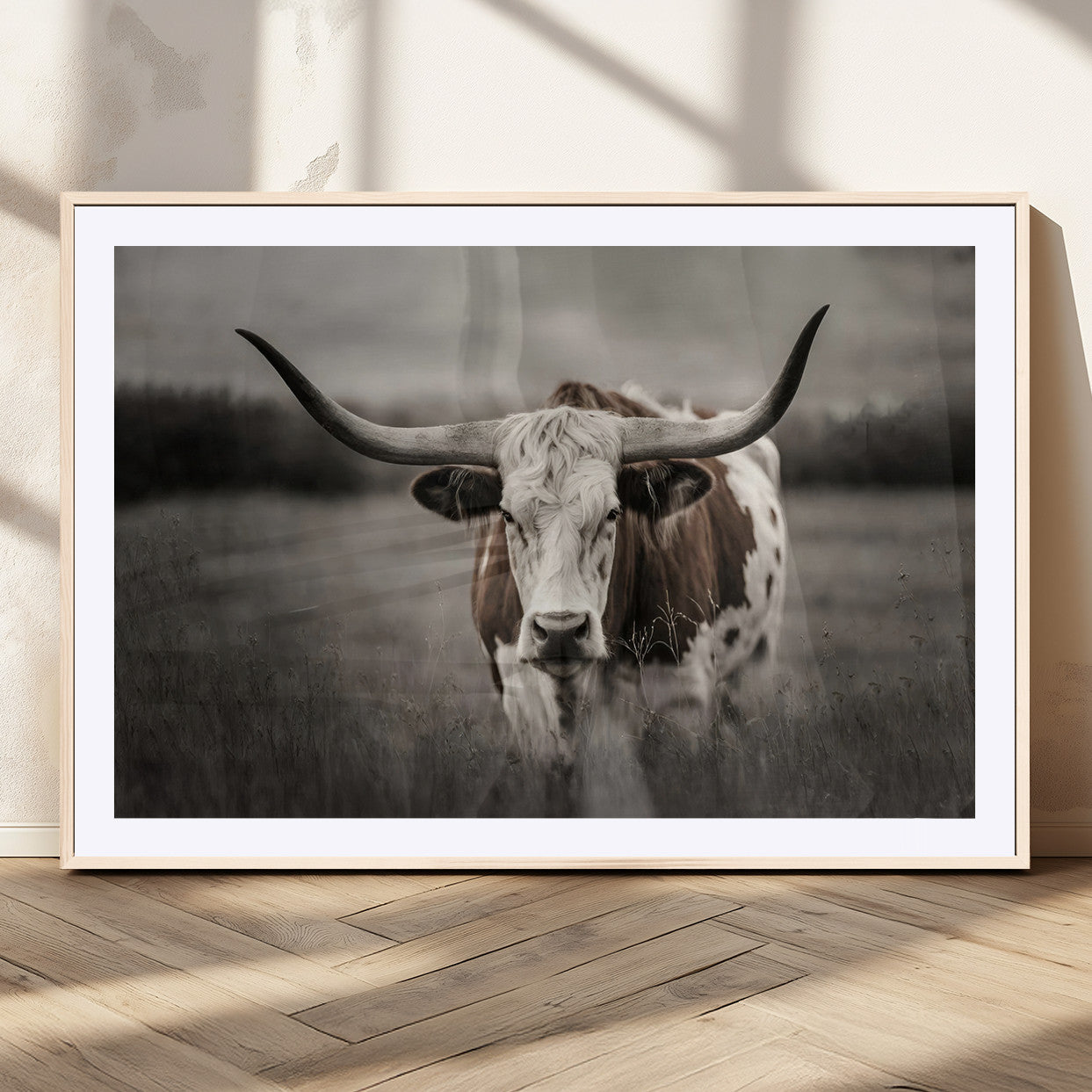 MGC-FP-36x24 - Texas Longhorn Cow Canvas Wall Art Print - Large Rustic Longhorn Art for Living Room, Western Wall