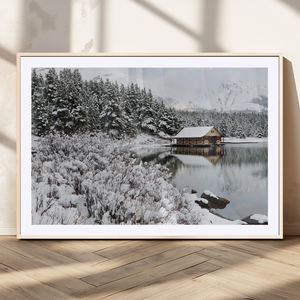 MGC-FP-36x24 - Winter Wall Art - Cabin by the Lake Canvas Wall Art - Serene Snowy Landscape with Mountain View,