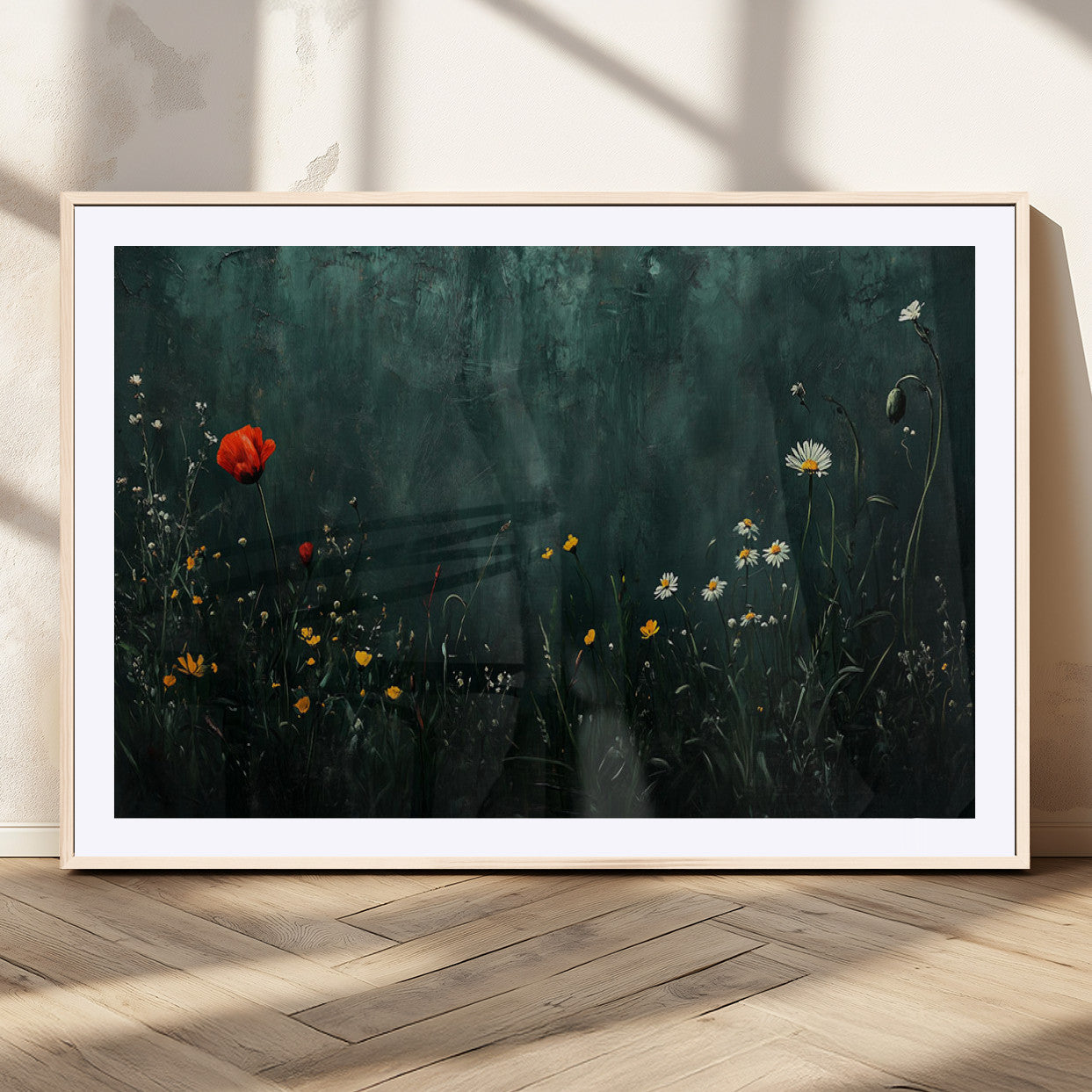 MGC-FP-36x24 - Wildflower Field Framed Wall Art, Vintage Botanical Landscape Sign, Botanical Wall Art, Modern