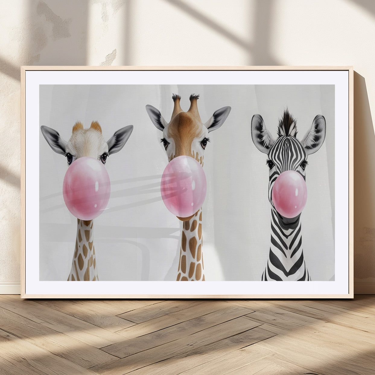 MGC-FP-36x24 - Bubblegum Animals Canvas Wall Art - Playful Giraffe and Zebra Trio, Fun Nursery Decor for Kids'
