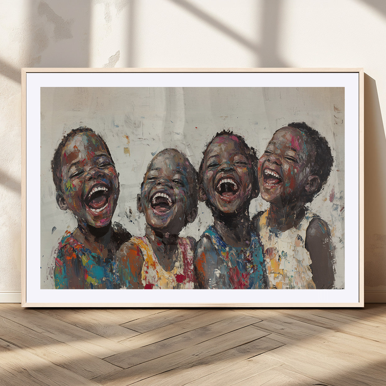 85256-MGC-FP-36x24_Natural-Shai Yossef Print - Joyful Childhood Canvas Wall Art - Expressive Impasto Painting of Laughing