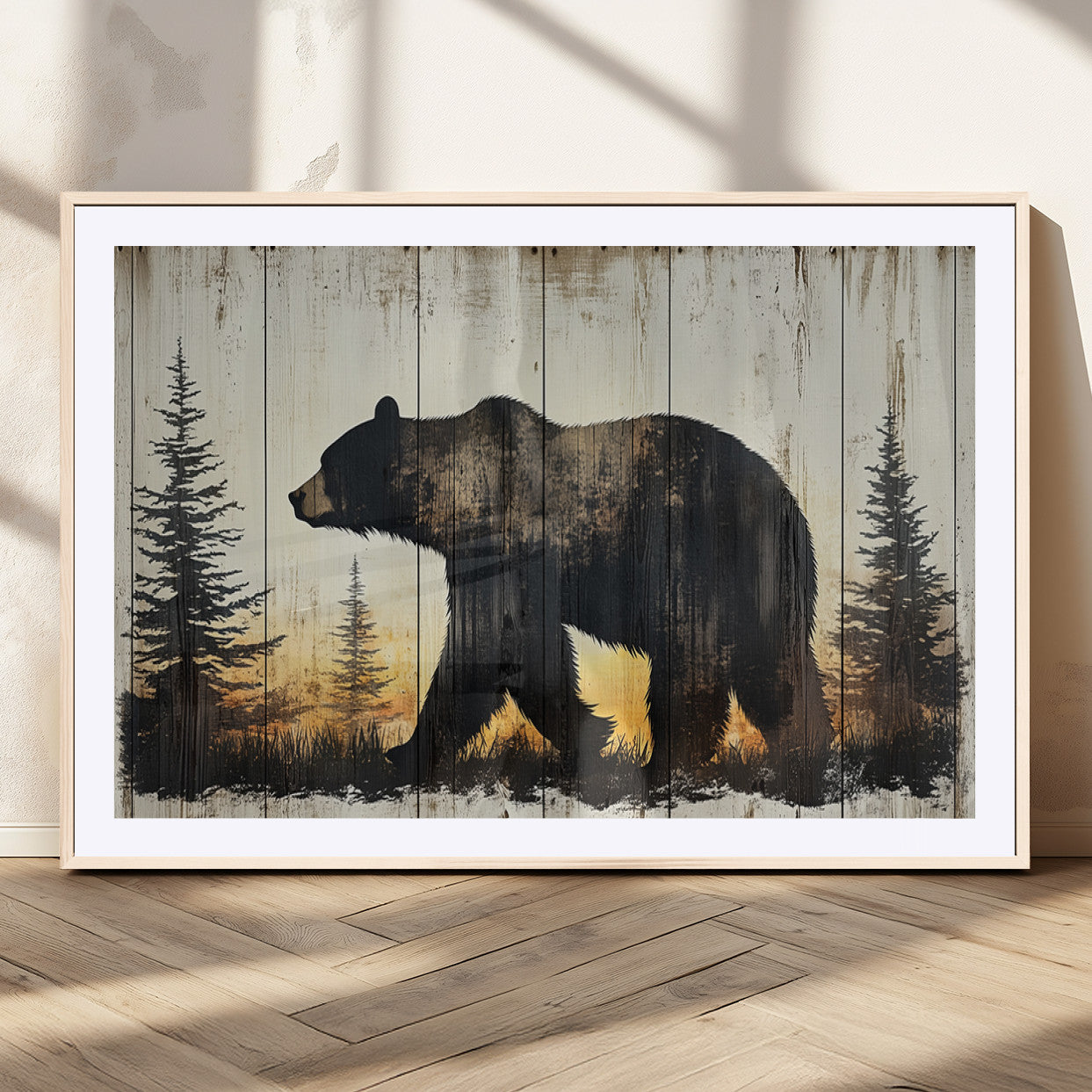 83875-MGC-FP-36x24_Natural-Vintage Bear Wall Art Canvas Print for Farmhouse - Mountain Wood Canvas Wall Art - Forest Silhouette