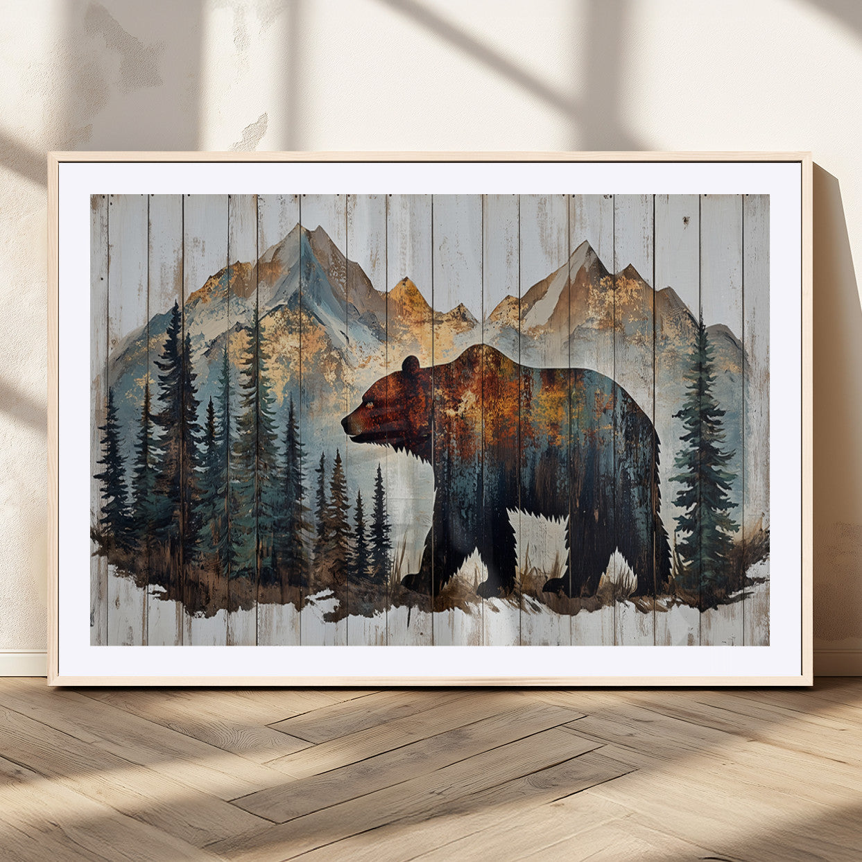 55777-MGC-FP-36x24_Natural-Rustic Grizzly 399 Bear and Mountain Wood Canvas Wall Art - Framed Nature Artwork with Forest