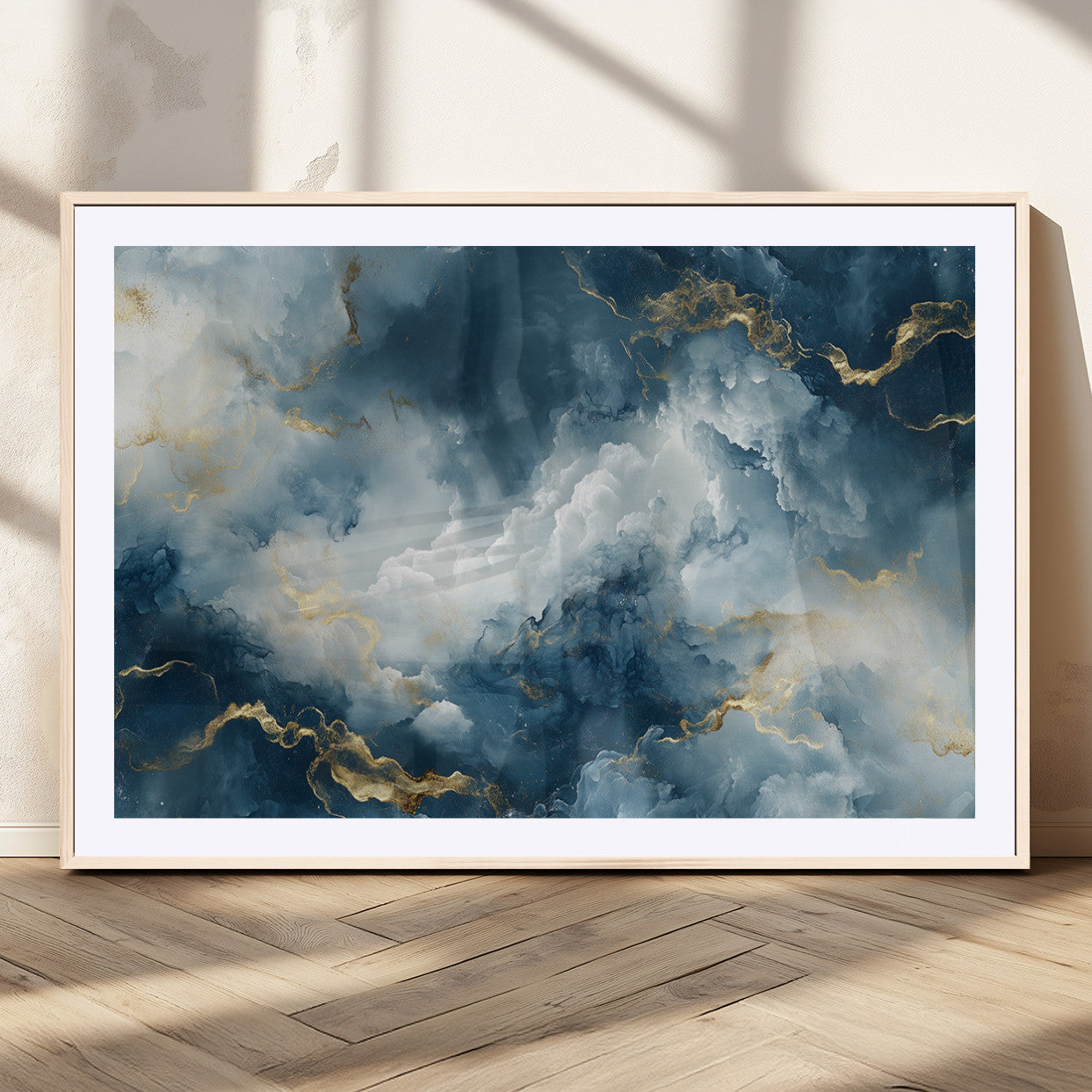 MGC-FP-36x24 - Large Abstract Print - Luxe Blue and Gold Abstract Canvas Wall Art - Bold Cloudscape Canvas for