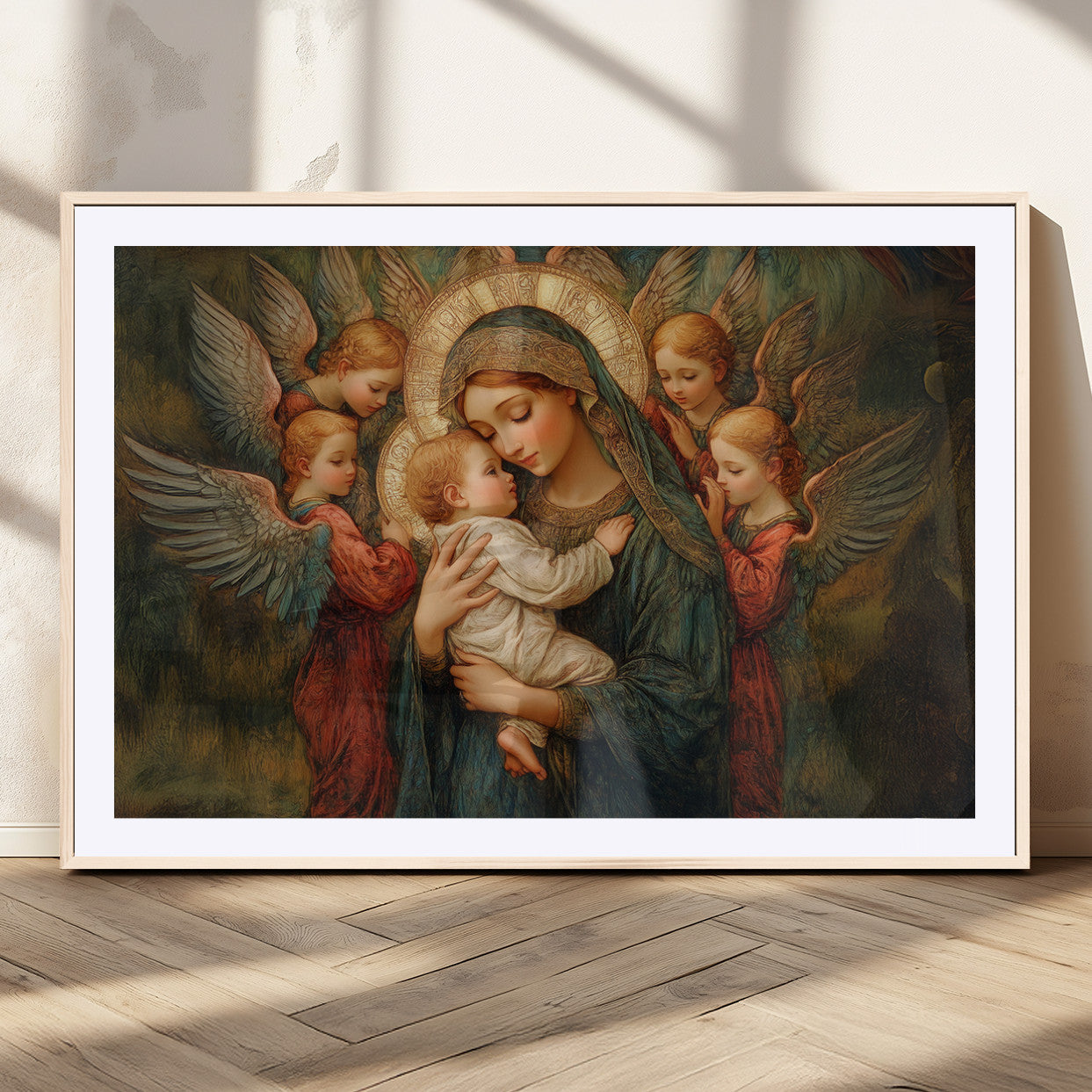 MGC-FP-36x24 - Mary Jesus Canvas Wall Art Print - Madonna and Child with Angels Art Print - Classic Christian