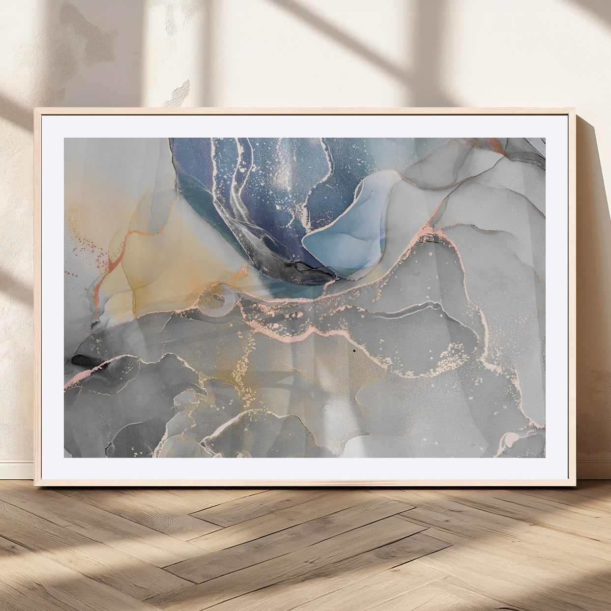 MGC-FP-36x24 - Large Abstract Blue and Gold Canvas Wall Art | Fluid Ink Artwork Print | Luxury Wall Decor for
