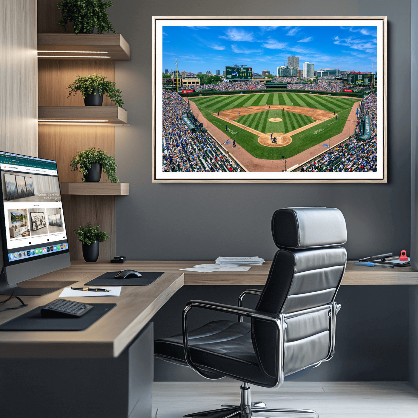 26064-MGC-FP-36x24_Natural-Framed Wrigley Field Chicago Cubs Print, Panoramic Multi Piece Canvas Wall Art - Iconic Baseball Stadium Print for Sports Lovers - Ready to