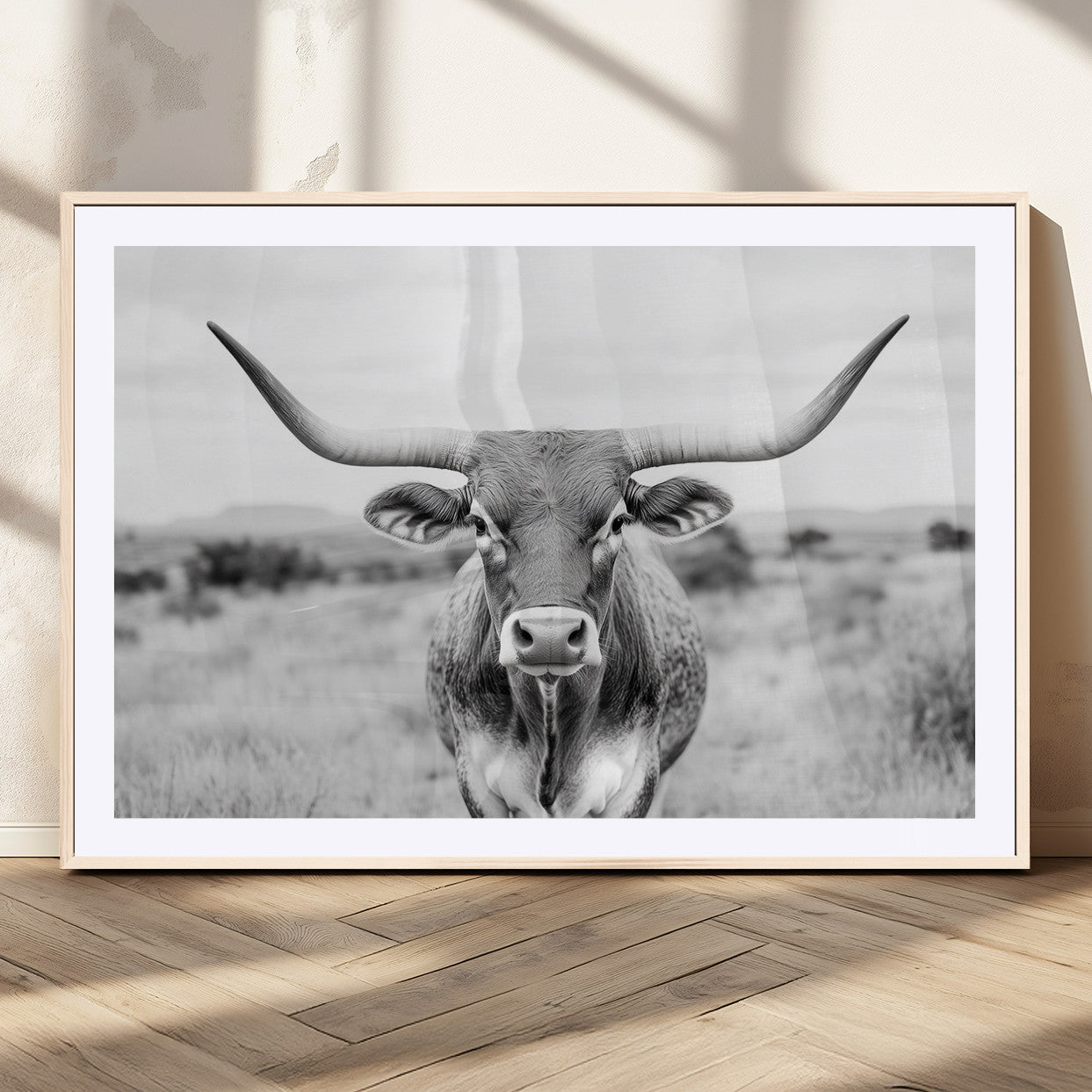 MGC-FP-36x24 - Highland Cow Wall Art Print - Black and White Texas Western Longhorn Canvas - Farmhouse Decor Print