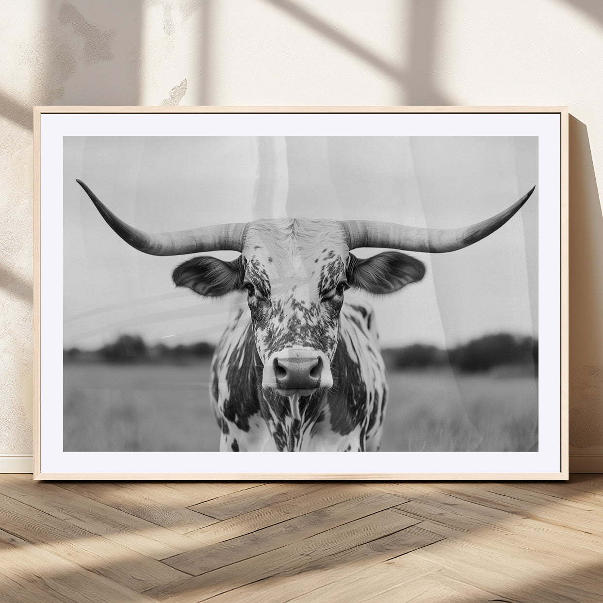 MGC-FP-36x24 - Highland Cow Wall Art - Black and White Western Longhorn Canvas Print - Farmhouse Living Room Decor