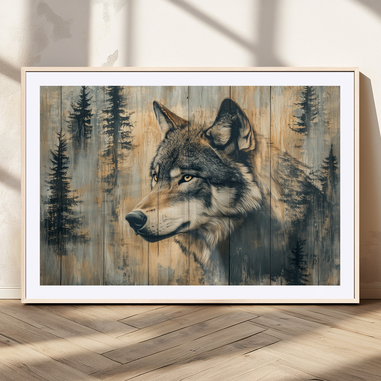 MGC-FP-36x24 - Wood Style Rustic Wolf Wall Art Canvas Print, Vintage Woodland Wolf Wall Art, Framed Wood Style Wolf