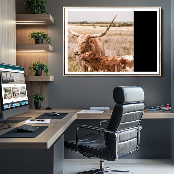 60320-MGC-FP-36x24_Natural-Texas Longhorn Cow Wall Art Canvas Print for Farmhouse Wall Art, Texas Decor, Western Wall Art Print