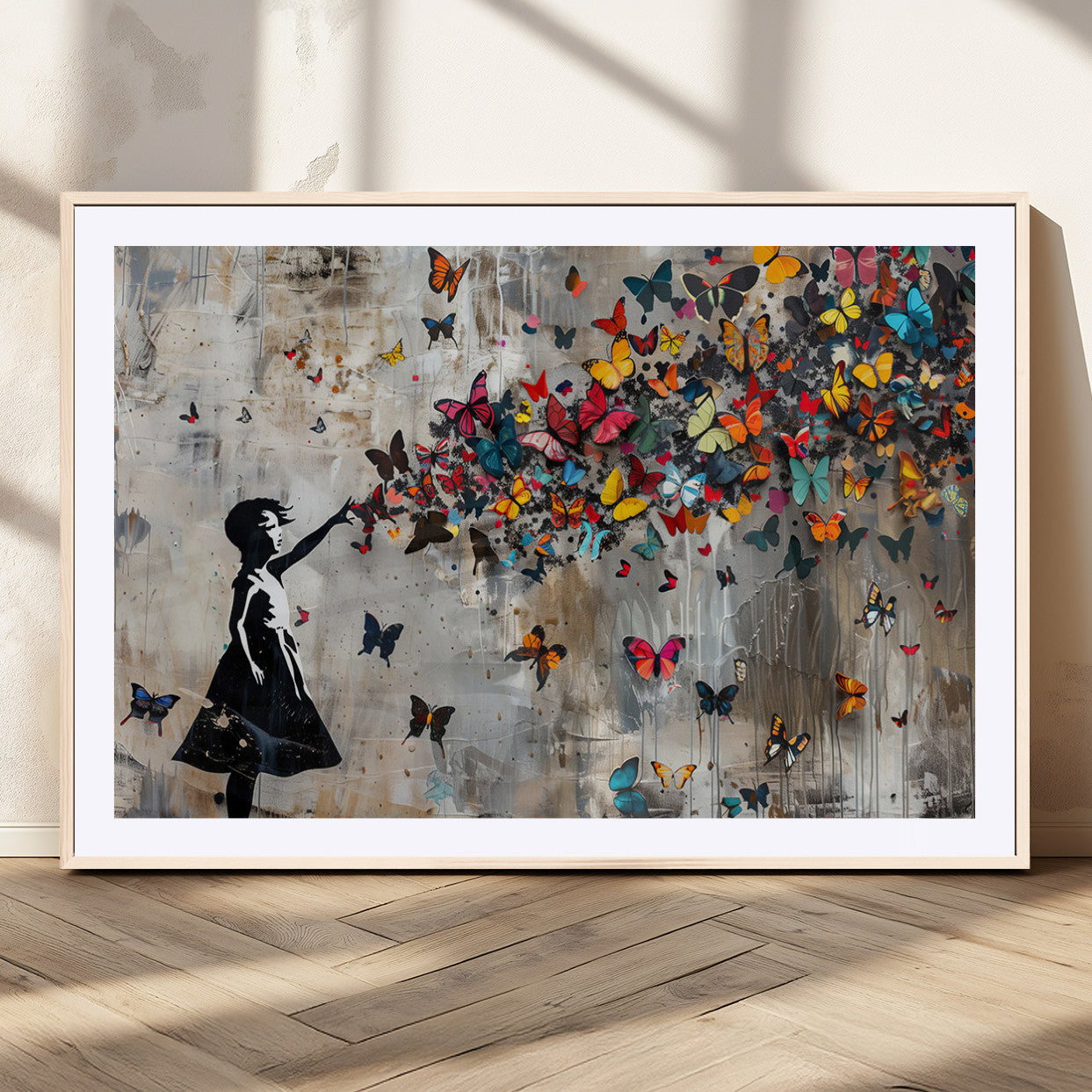 MGC-FP-36x24 - Framed Banksy Butterfly Girl Wall Art ,3-Piece Butterfly Girl Canvas, Modern Graffiti Canvas Print