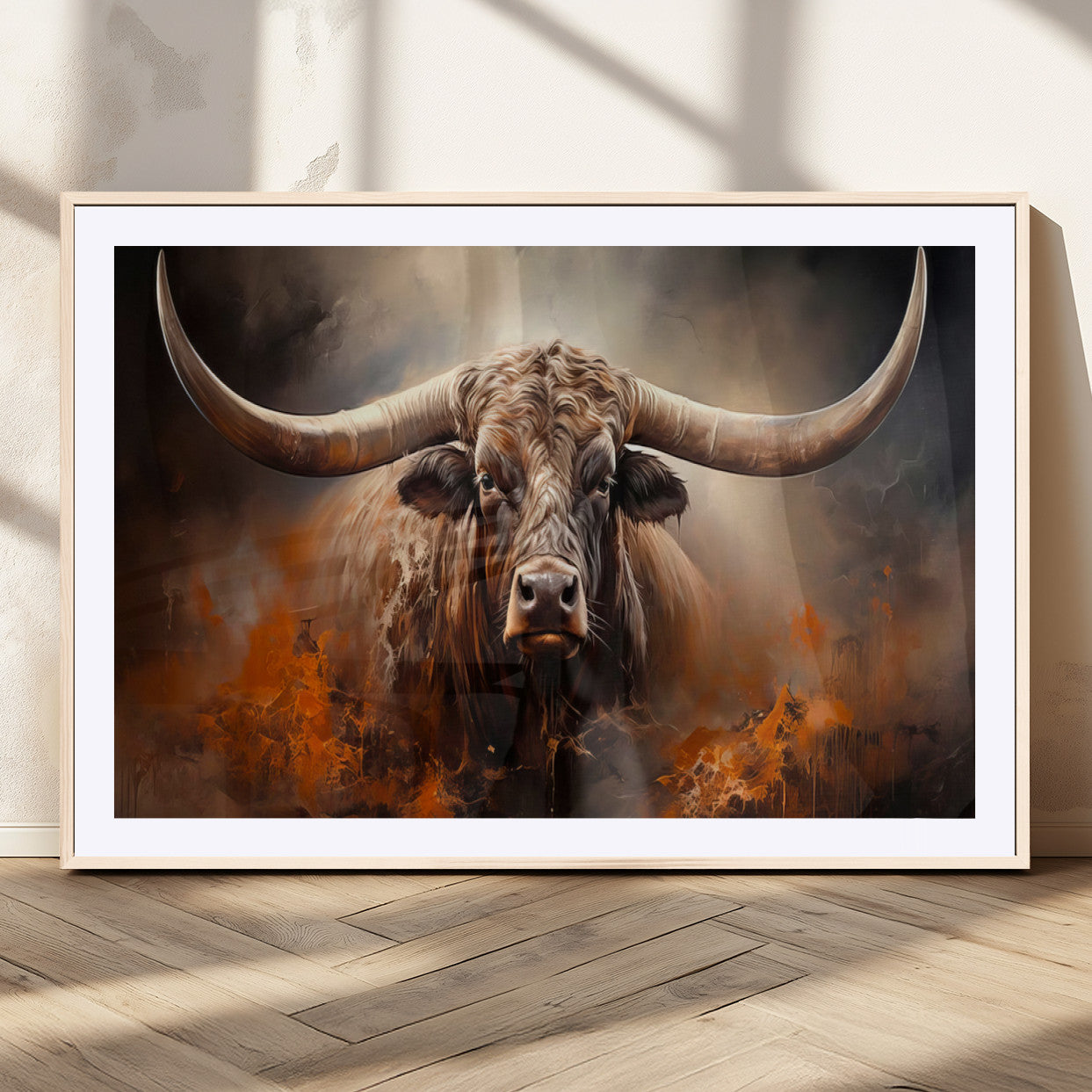 MGC-FP-36x24 - Highland Bull Canvas Abstract Canvas Wall Art Print – Powerful Highland Bull with Striking Horns in