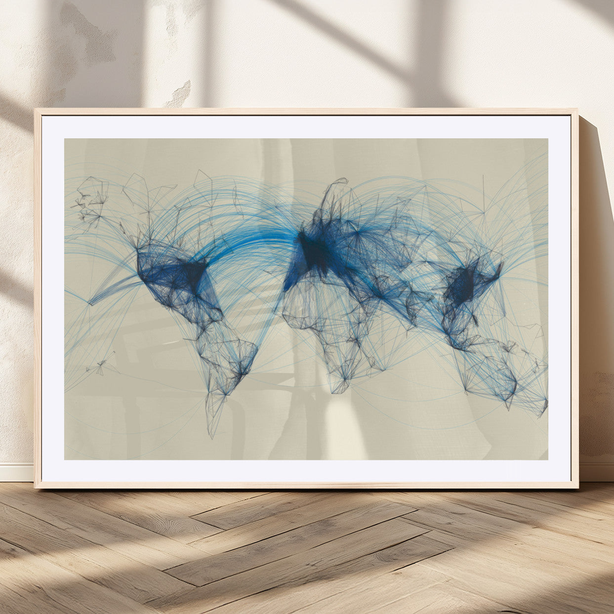 MGC-FP-36x24 - Flight Routes Map art Air Traffic Avi World Map with Blue Connections Canvas Wall Art – Modern