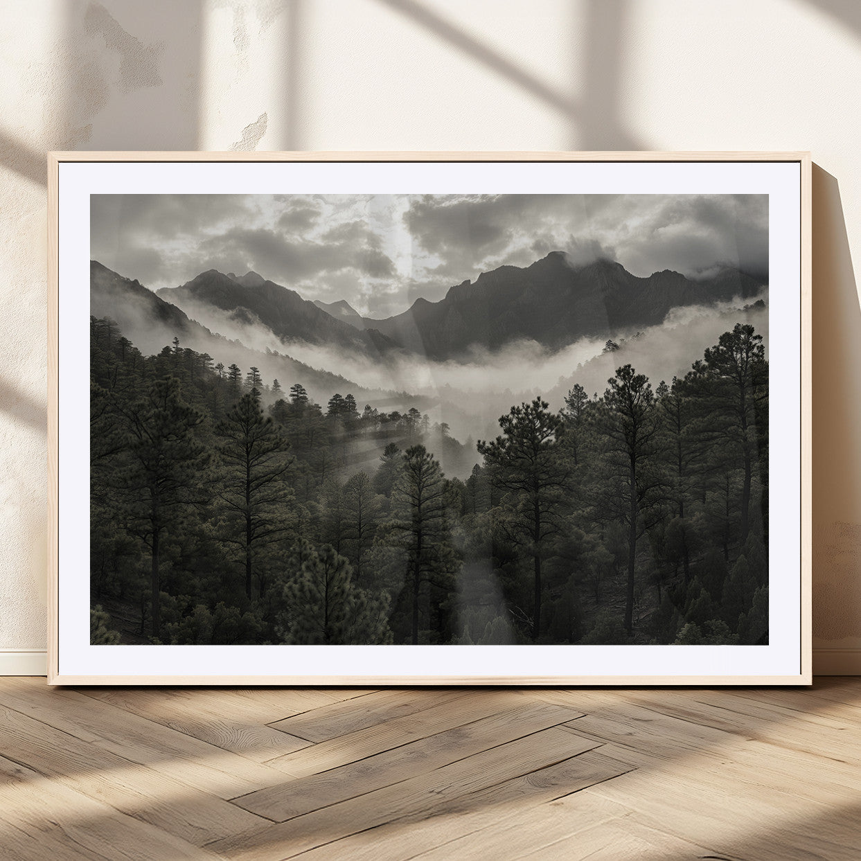MGC-FP-36x24 - Misty Mountain Forest Wall Art – Canvas Print of Cloudy Peaks, Tranquil Pines, Enchanted Landscape, Majestic Nature Decor for Home or Office