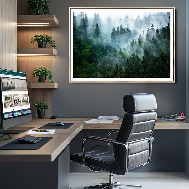 Misty Forest Art Wall Art Canvas Print, Foggy Mountain Art Print, Framed Scenic Wall Print Art Print, Large Woodland Canvas Printing Perfect for Decor