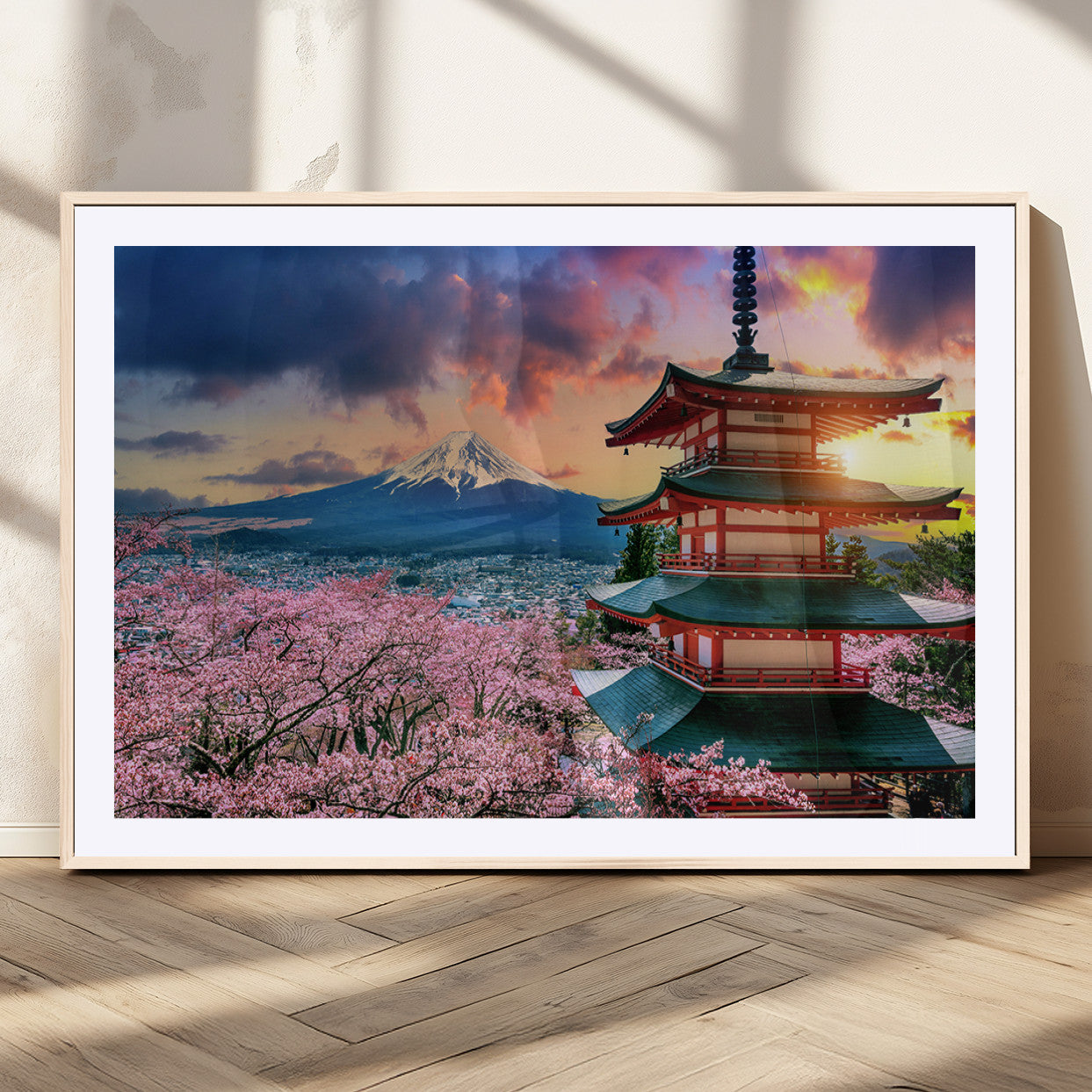 MGC-FP-36x24 - Mount Fuji & Cherry Blossom Wall Art Canvas Print – Iconic Japanese Landscape, Sakura Pagoda Sunset,