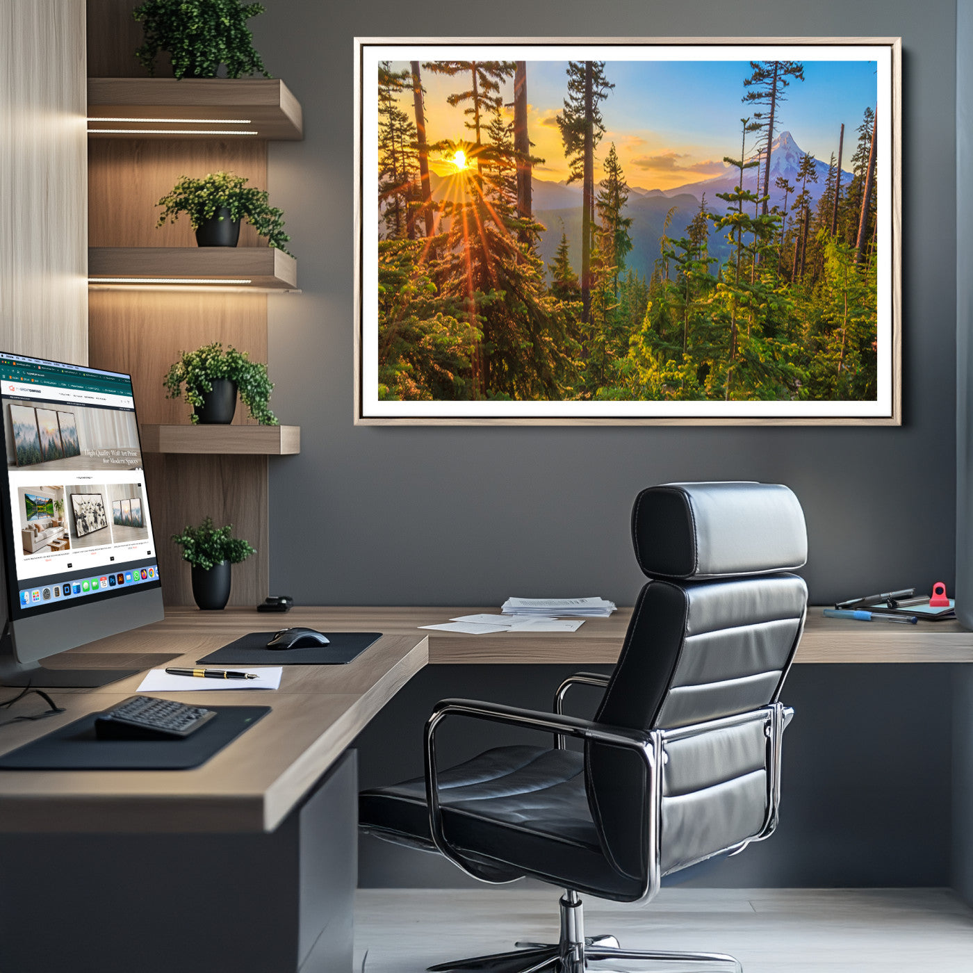 Forest Sunset Wall Art Canvas Print, Framed Sunset Trees Art Picture Print, Green Pines Perfect Rustic Nature Decor