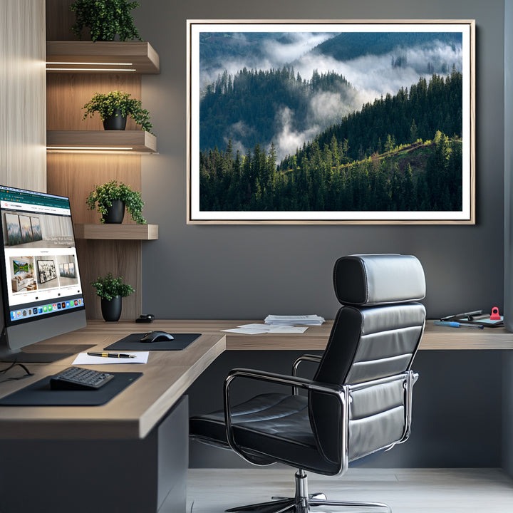 Misty Forest Wall Art Canvas Print, Framed Pine Hills Art Picture Print, Moody Hills Perfect Moody Woodland Decor Artwork