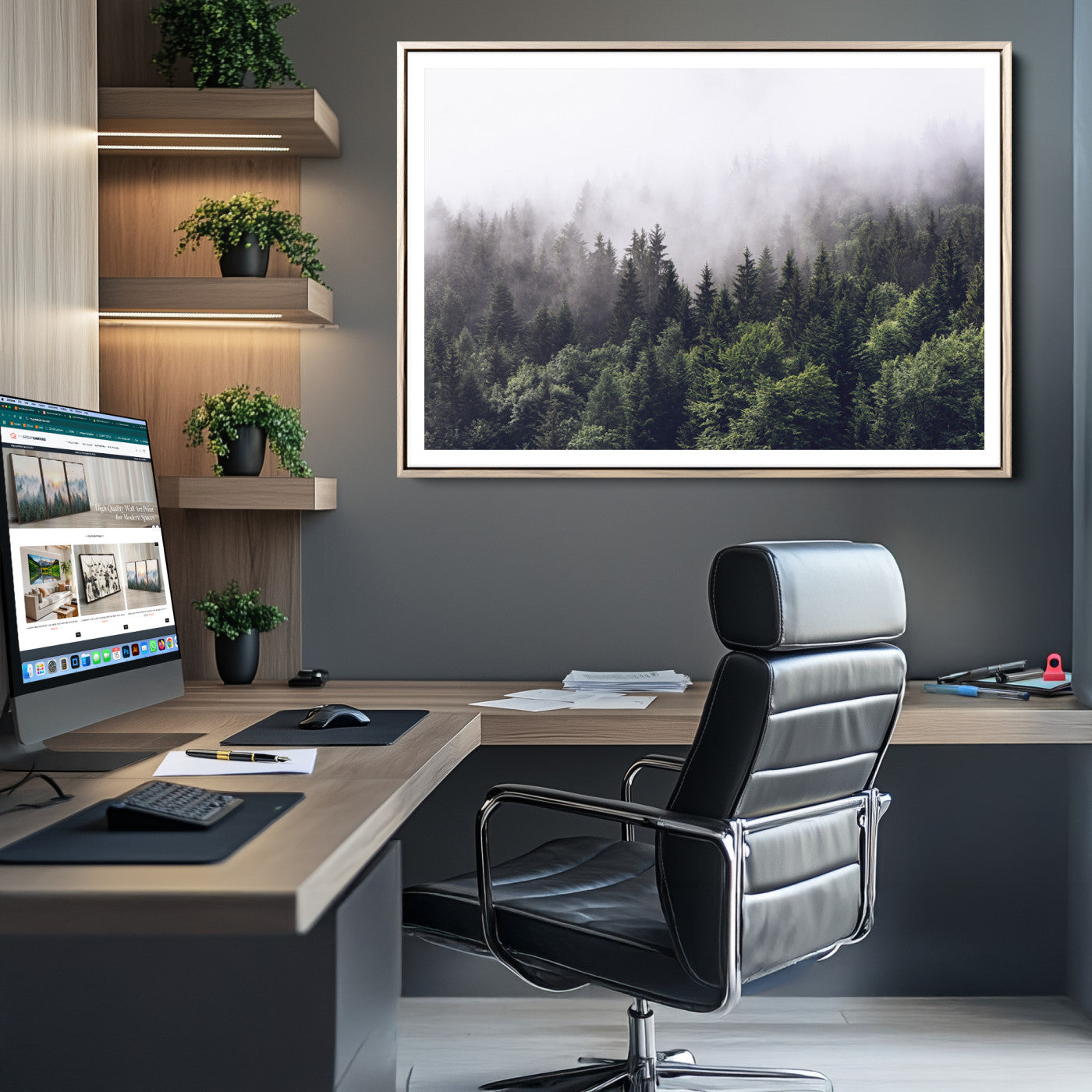 Misty Forest Wall Art Canvas Print, Framed Foggy Pines Art Picture Print, Pine Valley Perfect Moody Woodland Decor
