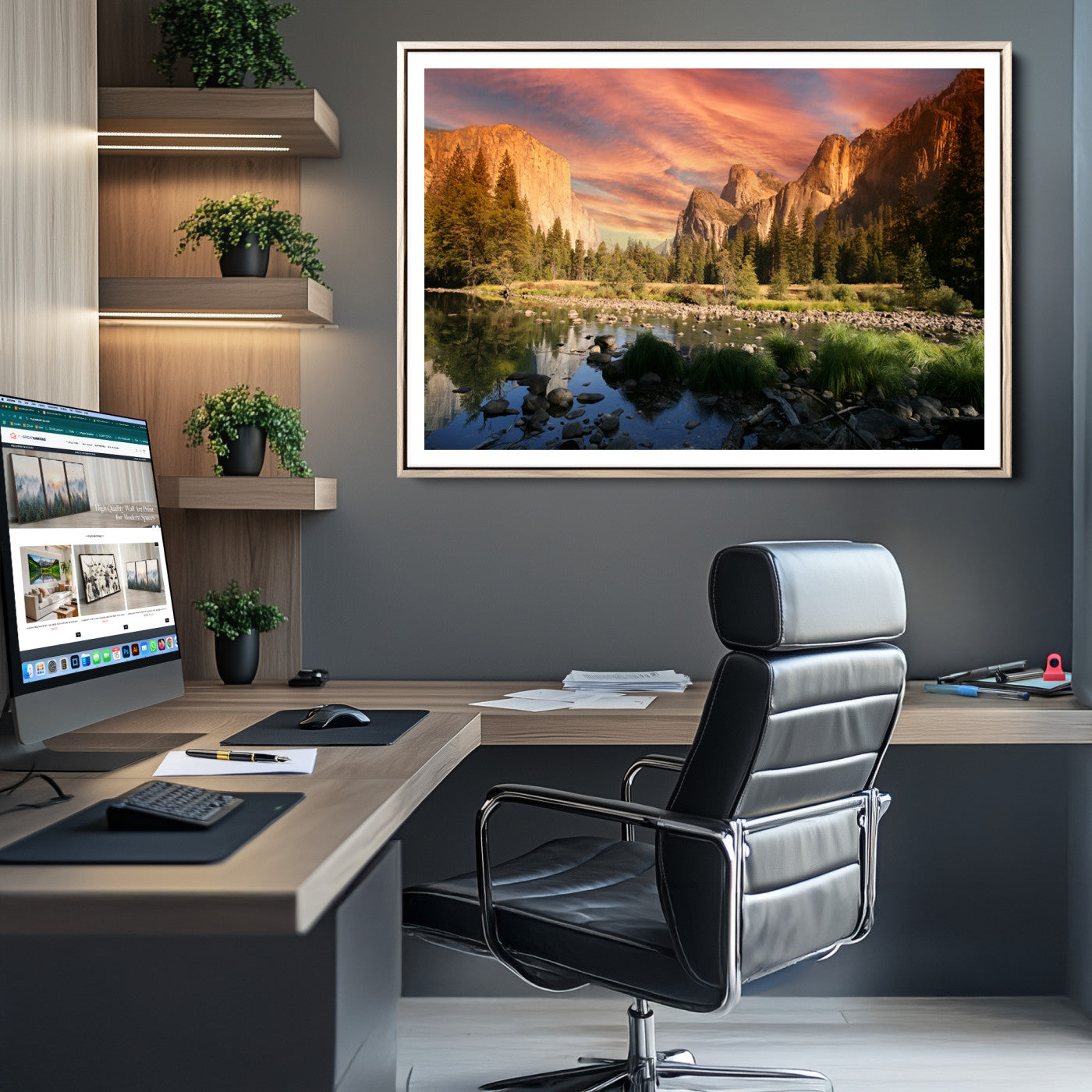 Yosemite Valley Canvas Wall Art, Framed El Capitan Art Picture Print, Sunset Sky Perfect Vibrant Western Decor