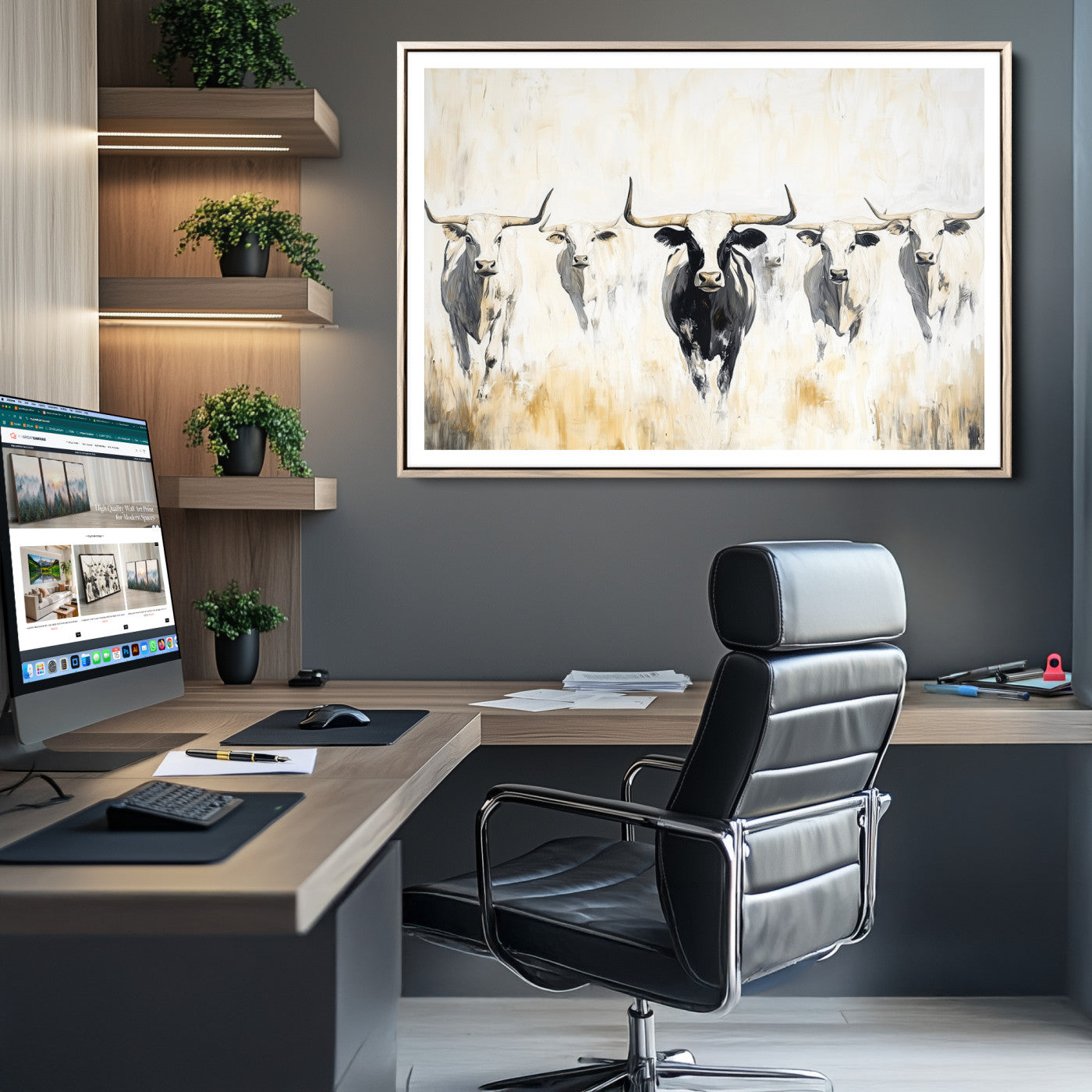Texas Longhorn Canvas Print, Framed Rustic Herd Art Picture Print, Western Bull Perfect Neutral Western Decor