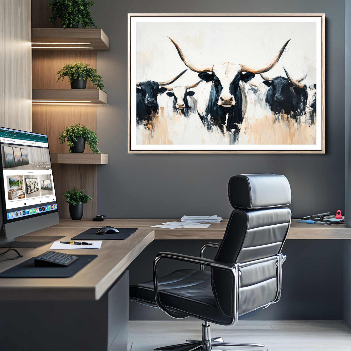 Texas Longhorn Wall Art Canvas Print, Framed Western Cattle Art Picture Print, Horned Bull Perfect Rustic Western Decor, Western Cattle