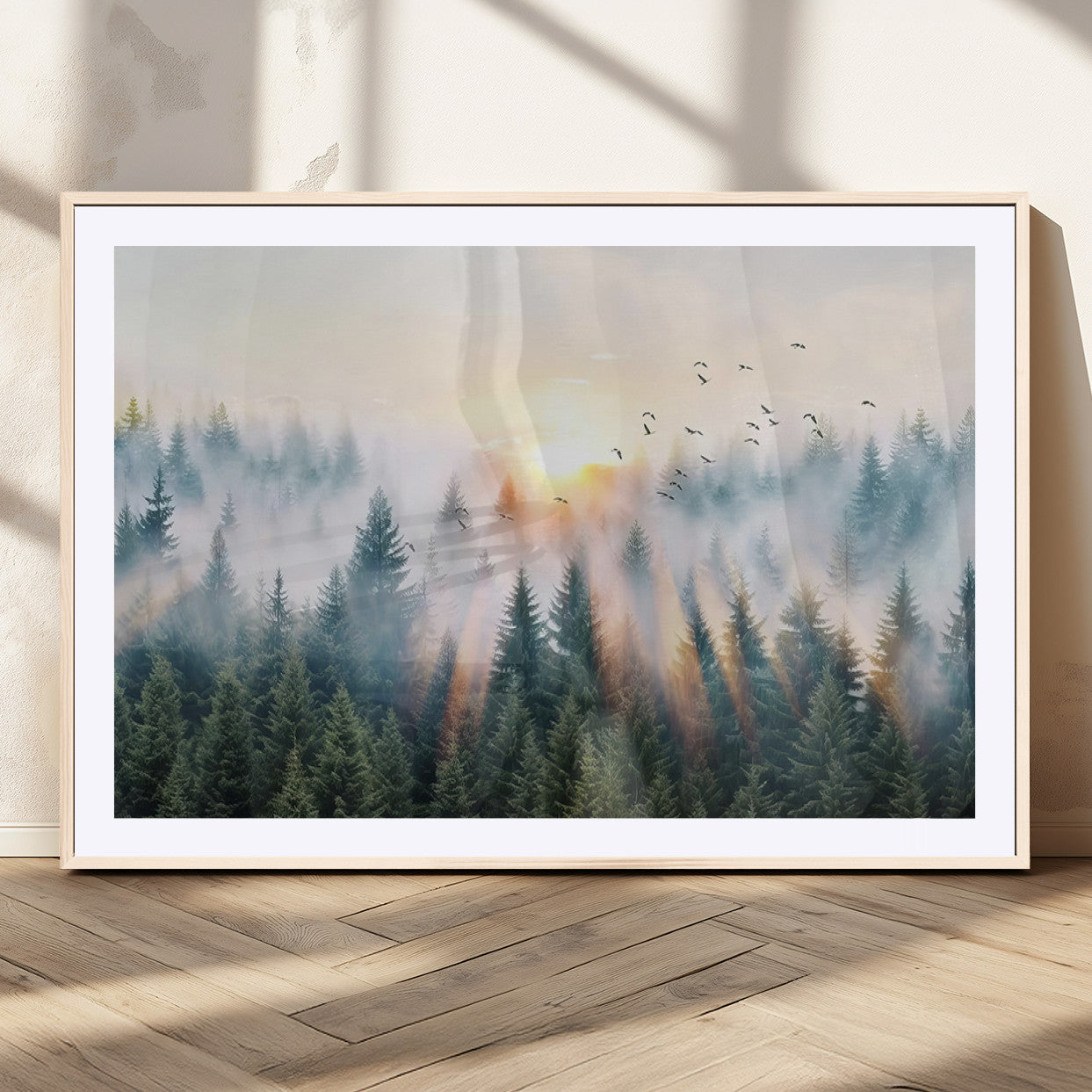 MGC-FP-36x24 - Misty Pine Forest Wall Art Canvas, Sunrise Over Foggy Trees Canvas for Home - Office, Framed