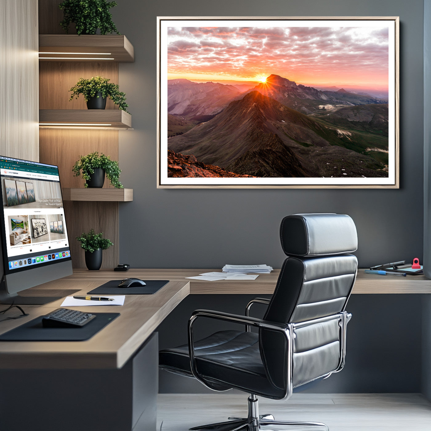 Mountain Sunrise Wall Art Canvas Print, Framed Alpine Ridge Art Picture Print, Mountain Range Perfect Vibrant Rustic Decor