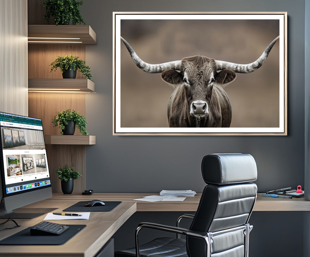 The Framed Texas Longhorn Bull Art Canvas Print adds timeless elegance to the serene setting.