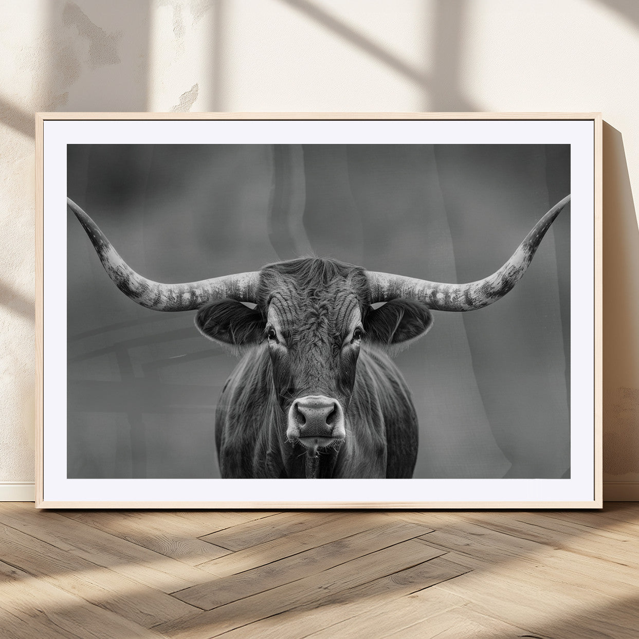 MGC-FP-36x24 - Framed Texas Longhorn Bull Art Canvas Print, Western Bull Wall Art Print, Long Horn Bull Photo Print
