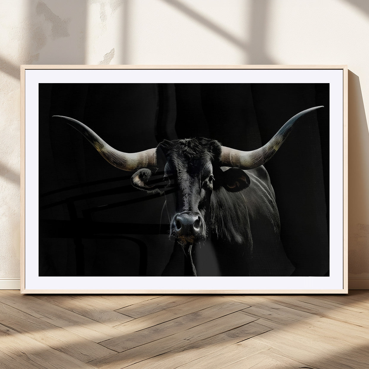 MGC-FP-36x24 - Texas Black Bull Wall Art Print, Longhorn Bull Canvas Wall Art