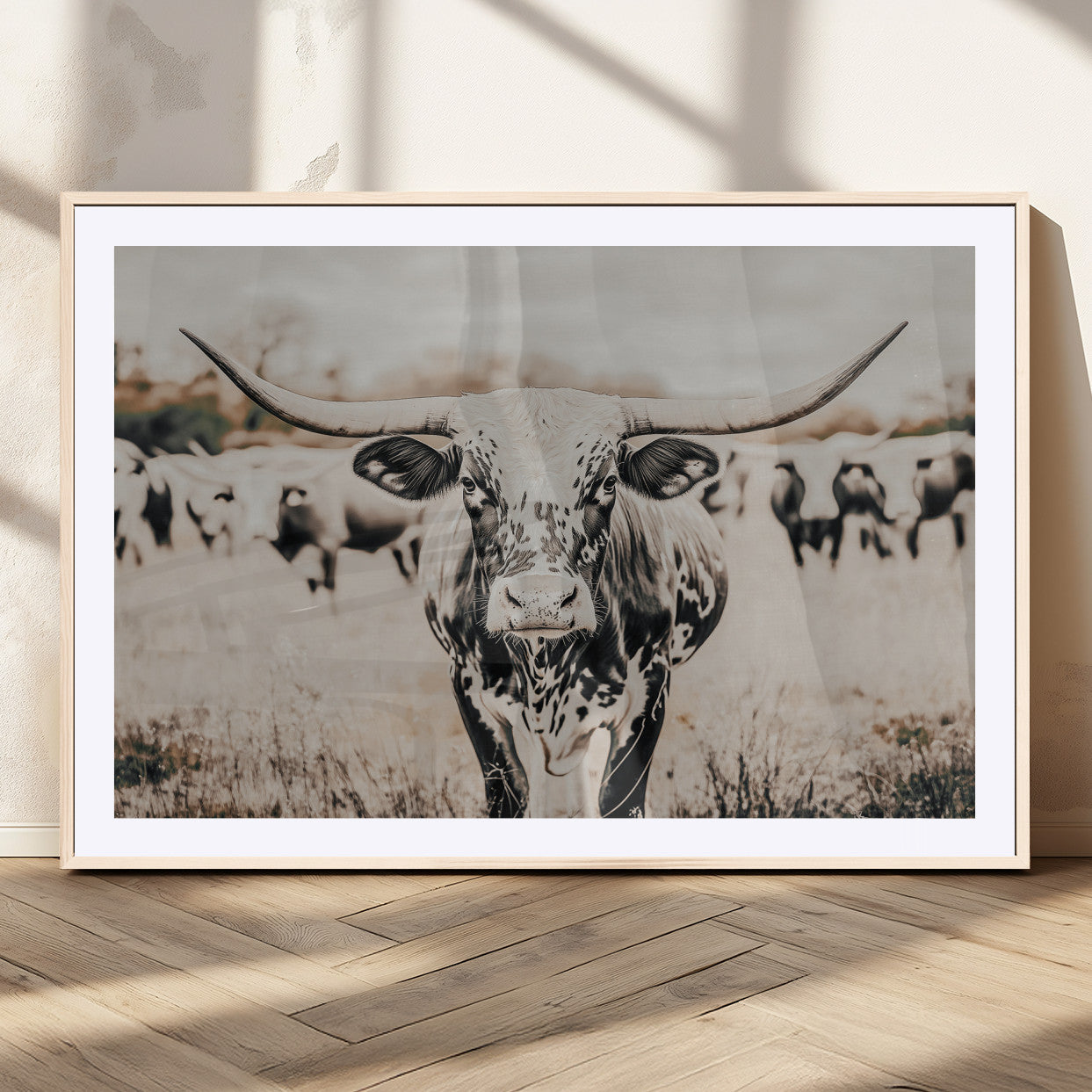 MGC-FP-36x24 - Texas Longhorn Wall Art Canvas Print, Framed Speckled Cow Art Picture Print, Horned Cattle Perfect Rustic Western Decor Artwork