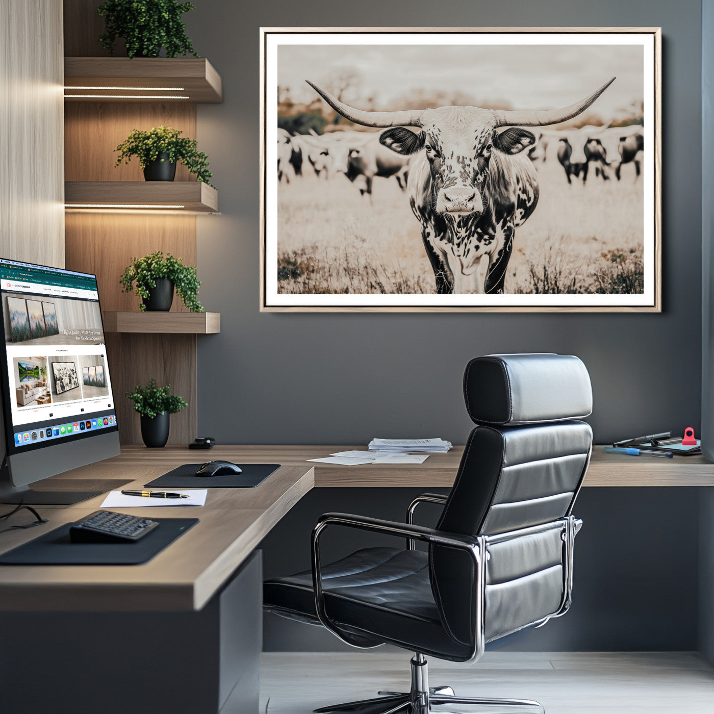 27497342-MGC-FP-36x24_Natural-Texas Longhorn Wall Art Canvas Print, Framed Speckled Cow Art Picture Print, Horned Cattle Perfect Rustic Western Decor Artwork