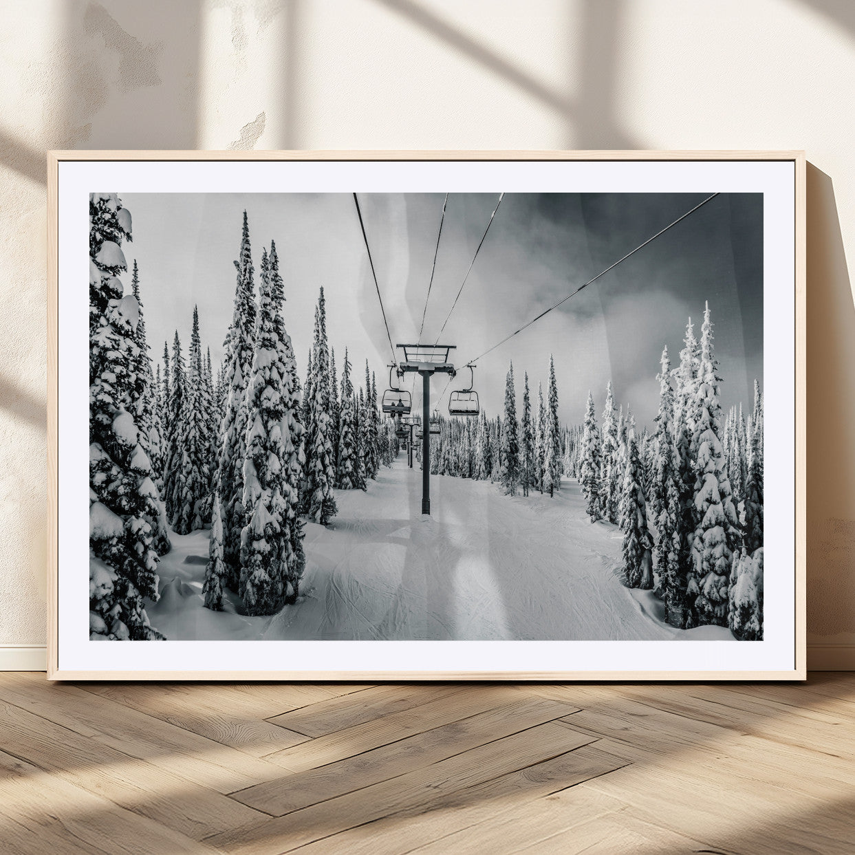 MGC-FP-36x24 - Snowy Pines Wall Art Canvas Print, Framed Ski Lift Art Picture Print, Winter Forest Perfect Moody Lodge Decor Artwork