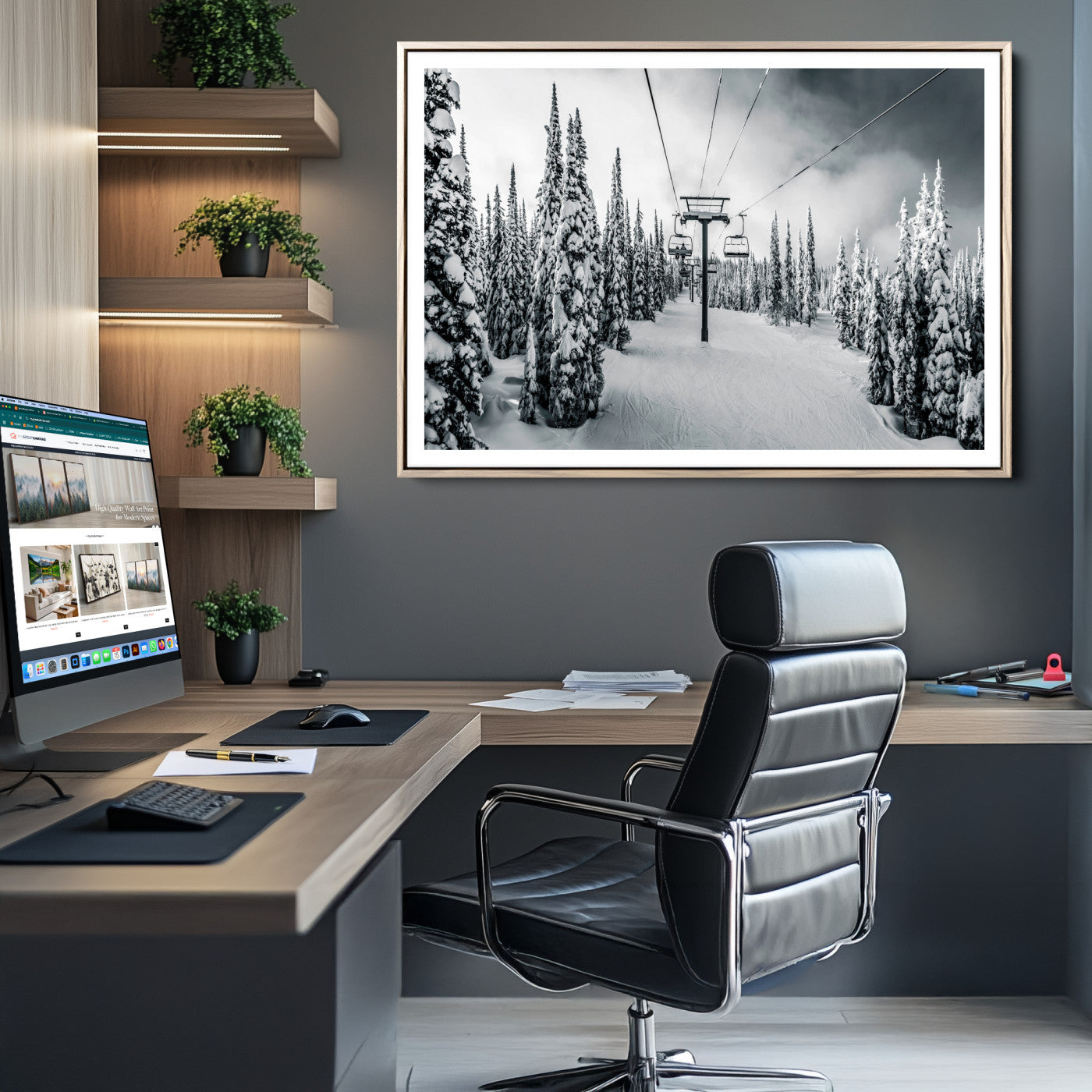 31156828-MGC-FP-36x24_Natural-Snowy Pines Wall Art Canvas Print, Framed Ski Lift Art Picture Print, Winter Forest Perfect Moody Lodge Decor, Ski Lift Wall Art Canvas