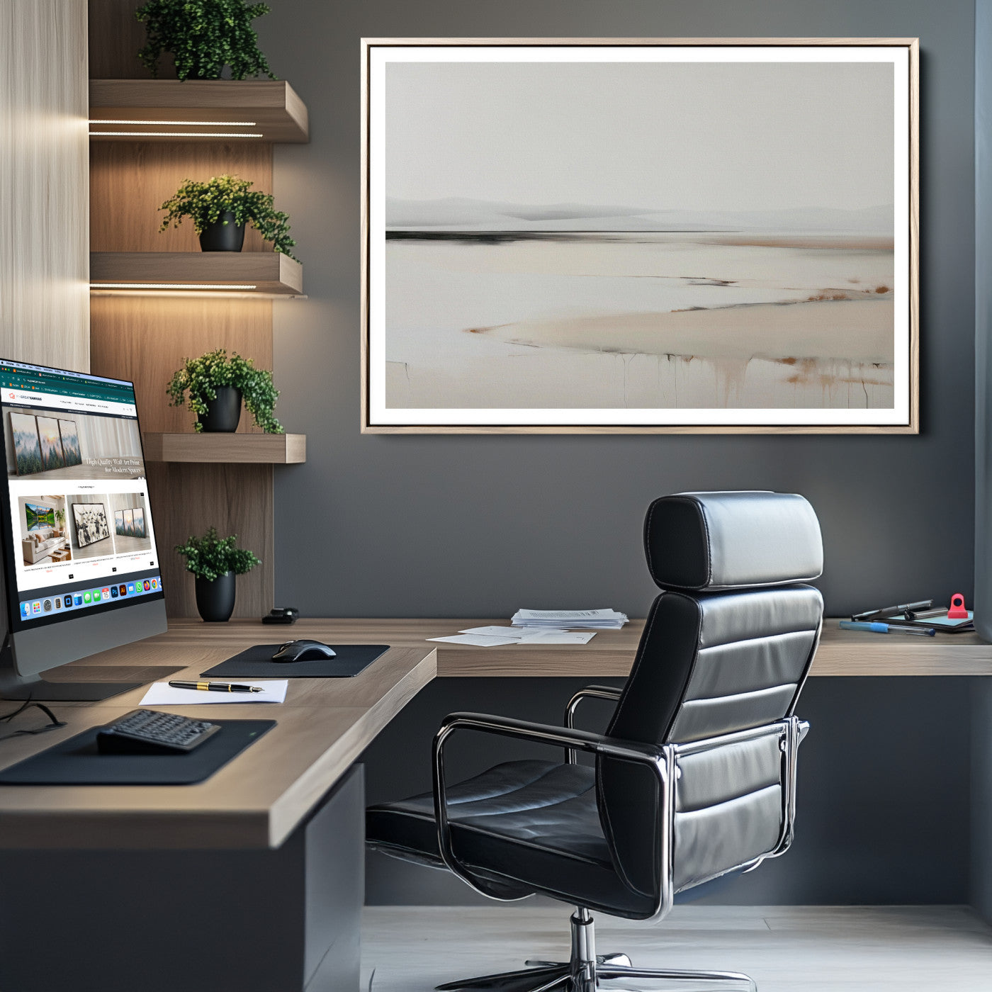 89410095-MGC-FP-36x24_Natural-Minimalist Landscape Wall Art Canvas Print, Framed Soft Horizon Art Picture Print, Abstract Seascape Perfect Minimalist Earthy Decor, Framed